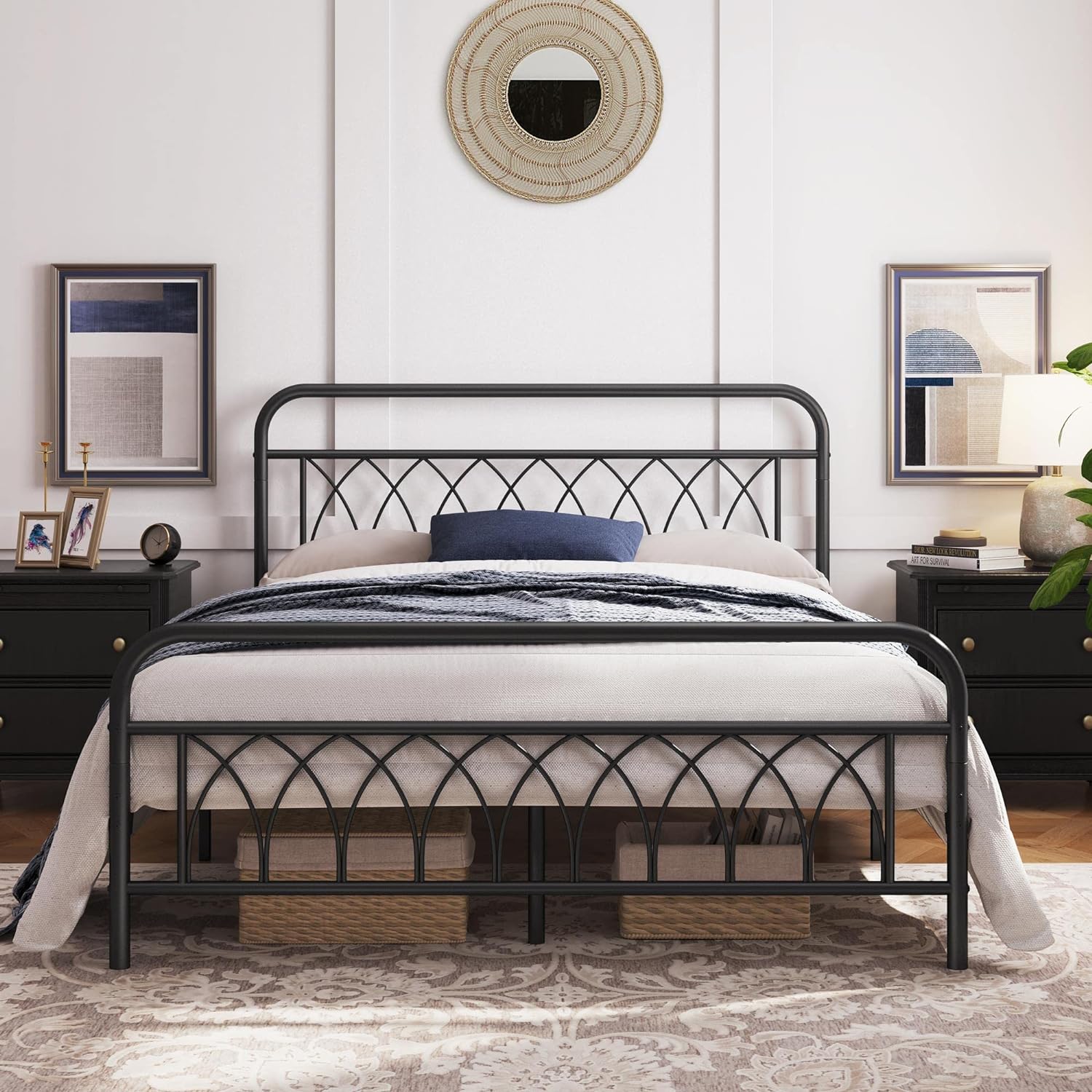 Yaheetech Queen Bed Frame Metal Platform Bed with Petal Accented Headboard/Footboard/14.4 Inch Under Bed Storage/No Box Spring Needed,Black