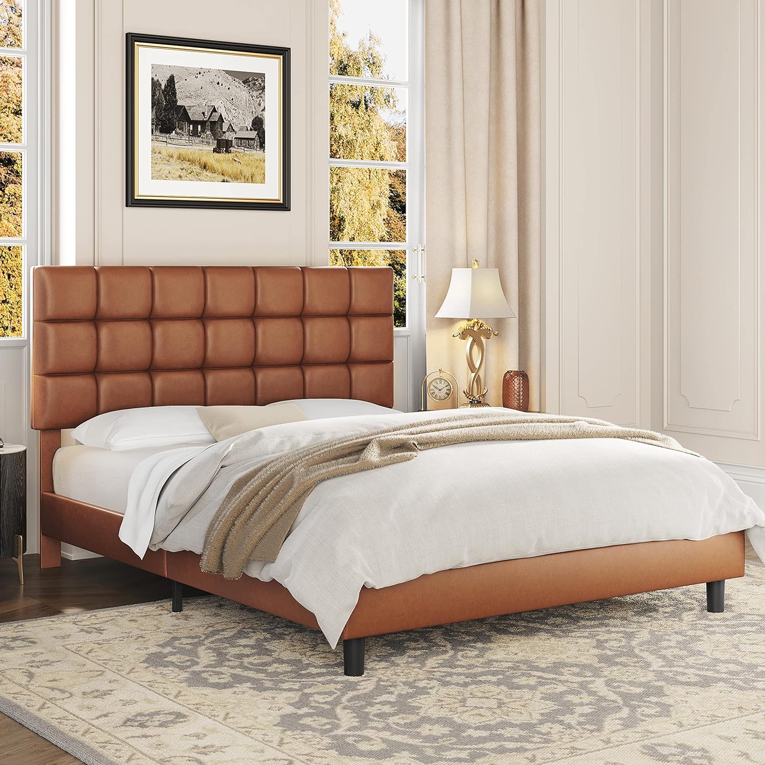 Yaheetech Upholstered Platform Bed Frame with Faux Leather Headboard Height Adjustable, Mattress Foundation Wooden Slats Support No Box Spring Needed, Amber Brown-Queen