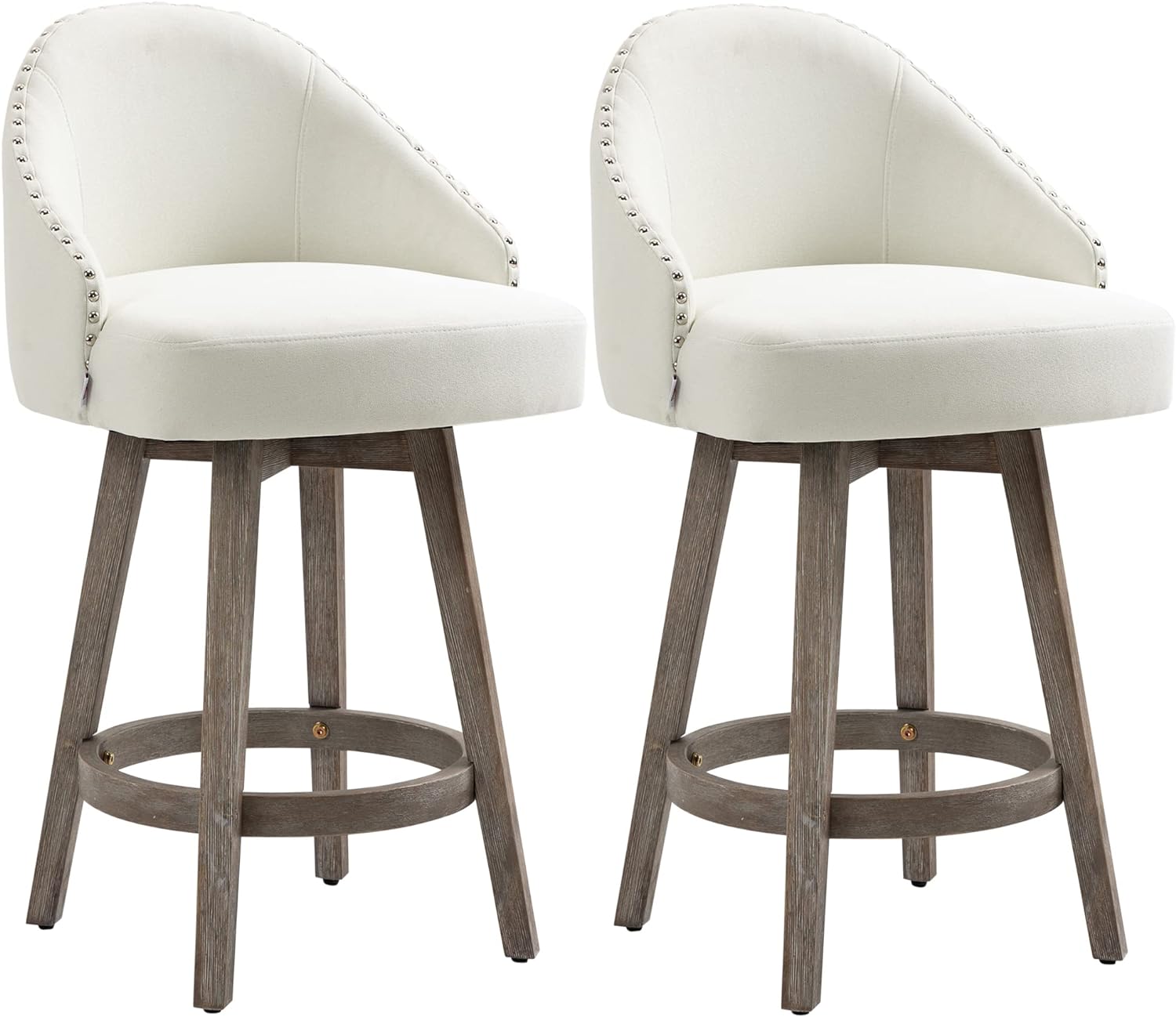 HOMCOM 26 Counter Height Bar Stools, Linen Fabric Kitchen Stools with Nailhead Trim, Rubber Wood Legs and Footrest for Dining Room, Counter, Pub, Set of 2, Cream White