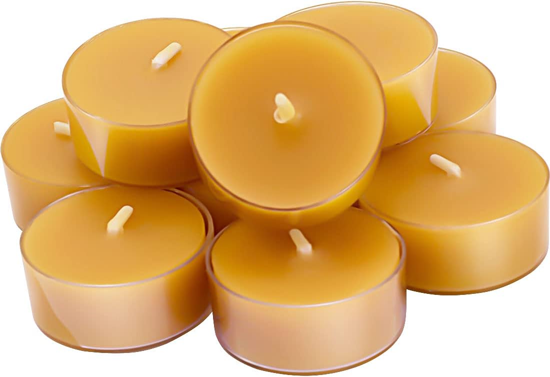 Natural Beeswax Tealights, DEYBBY Handmade Beeswax Candles, 4 Hour Burn Time, Clear Cup, Set of 10