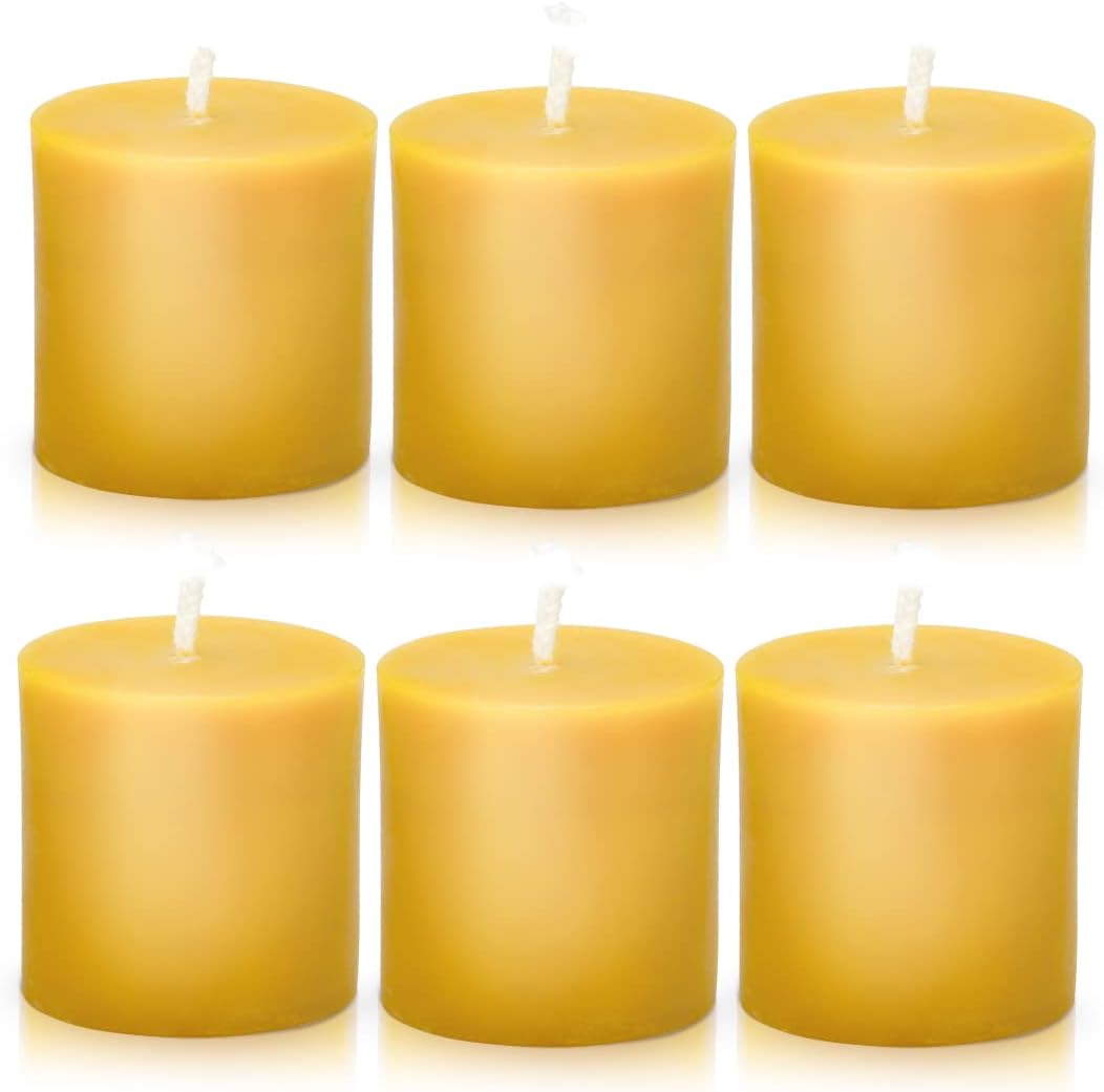 Natural Beeswax Pillar Candle Set -Non-Toxic, Smokeless, Dripless -Small Yellow Pure Beeswax Candles with Natural Scent for Family Church Prayer Home Decor 2x2 inch (6 Pack), Each 13 Hours Burning