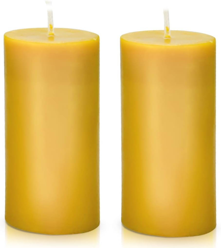 Large Beeswax Pillar Candle, Smokeless Dripless Pure Beeswax Candle Set with Natural Scent for Room Decoration Prayer Party, Long Lasting Burn Time,2x4 inch (2 Pack),Brown Raw