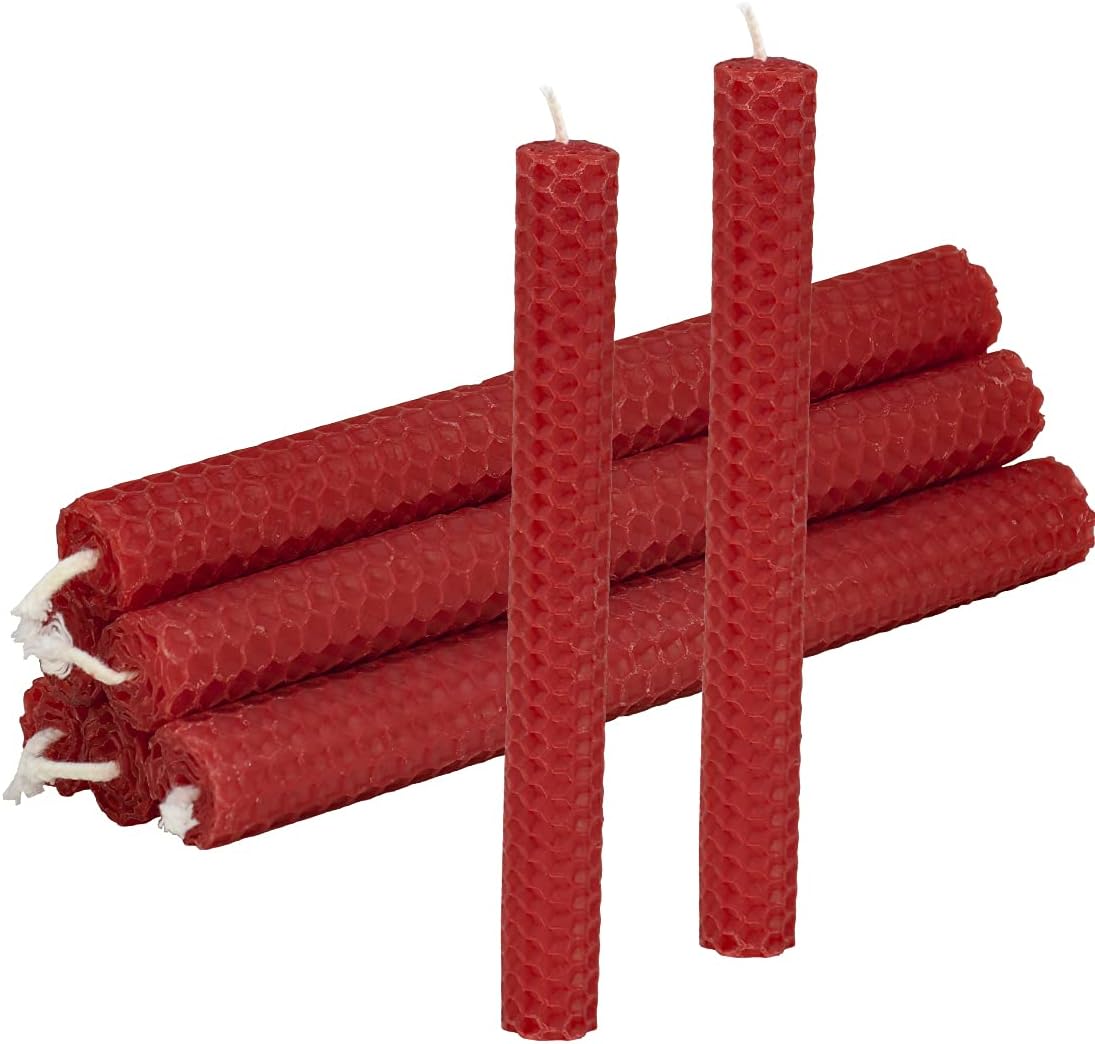 DEYBBY Natural Beeswax Taper Candles,Honeycomb Design Hand-Rolled Beeswax Candles, Dripless and Smokeless, Set of 6 Flat Top (Red)