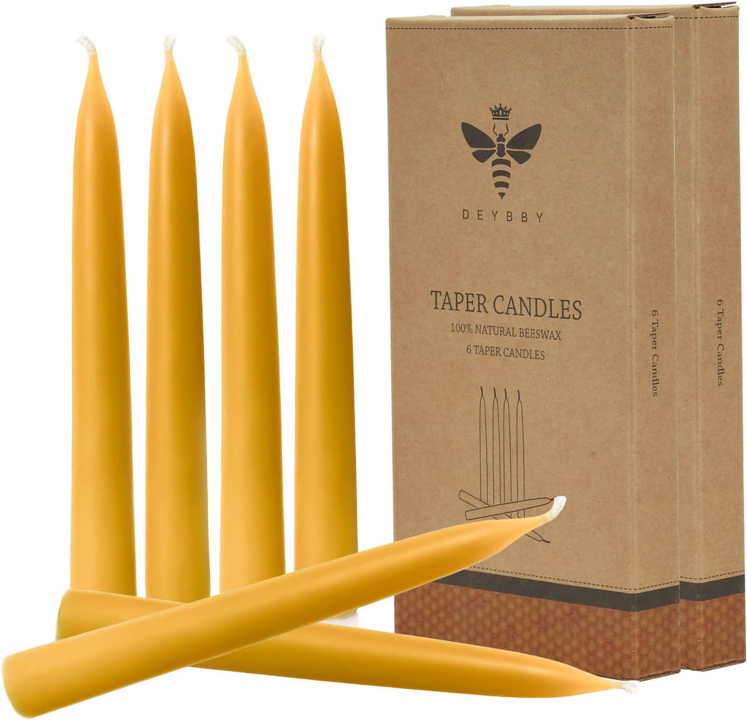 Natural Beeswax Taper Candles, DEYBBY Smokeless and Dripless Beeswax Candles, 8Hrs Burn Time, Nontoxic, 8 inch, 12 Pack