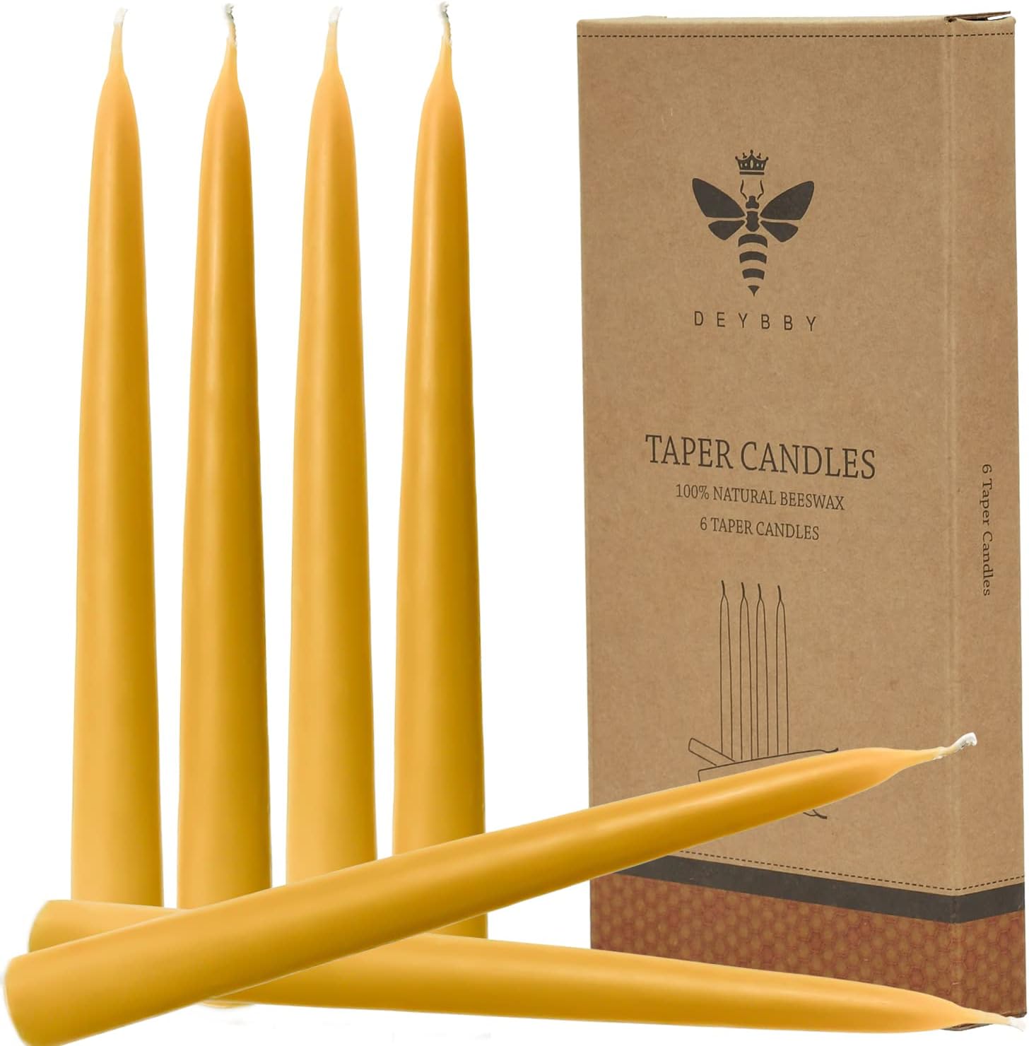 Natural Beeswax Taper Candles, DEYBBY Smokeless and Dripless Beeswax Candles 6 Pack, Long Lasting Burning Non Toxic, 12 inch