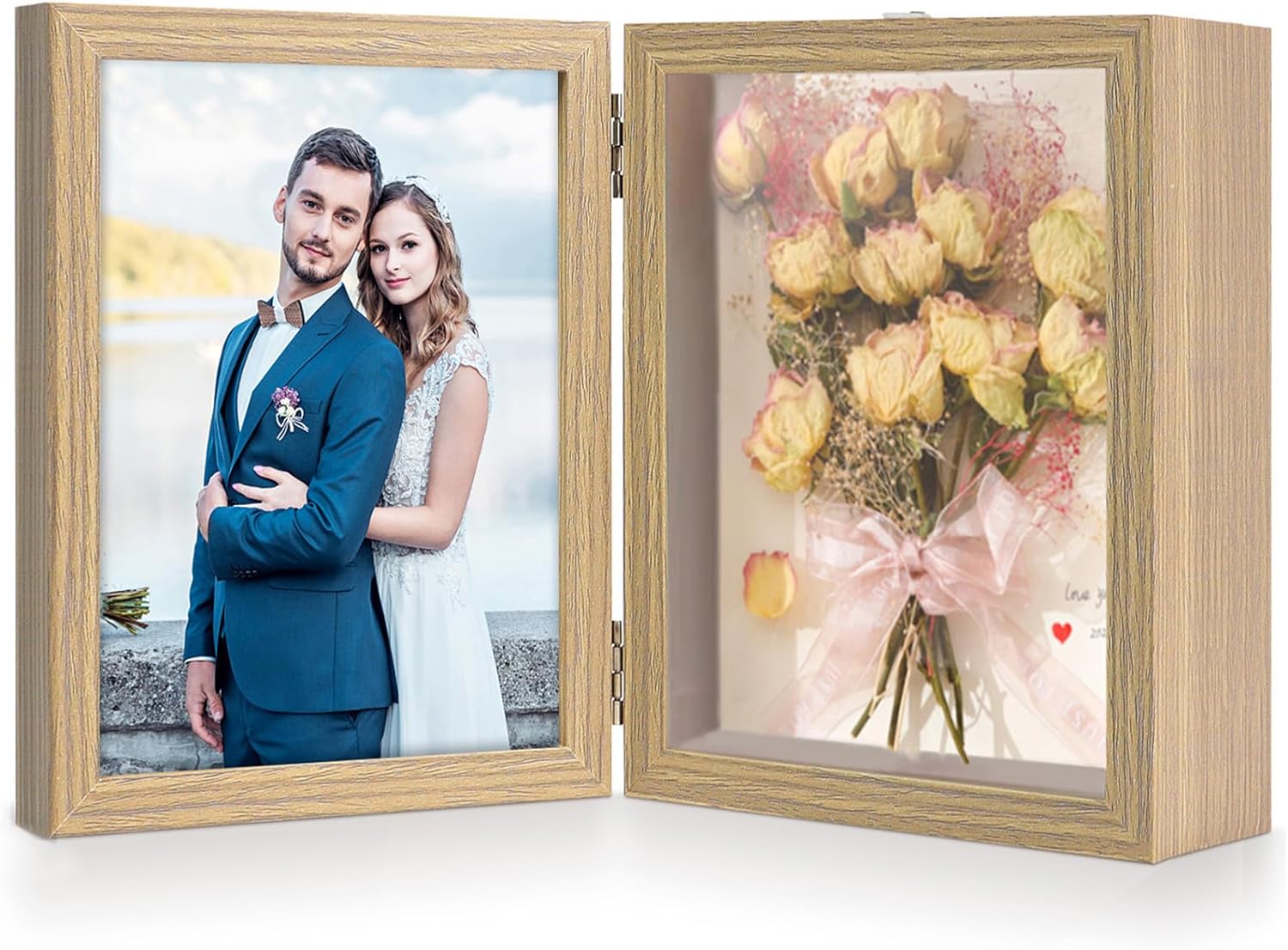 ZEEYUAN 5x7 Picture Frames Double Hinged MDF Wood Shadow Box Display Case, 5x7 Rustic Photo Frame with Glass Front Stand Vertical on Tabletop