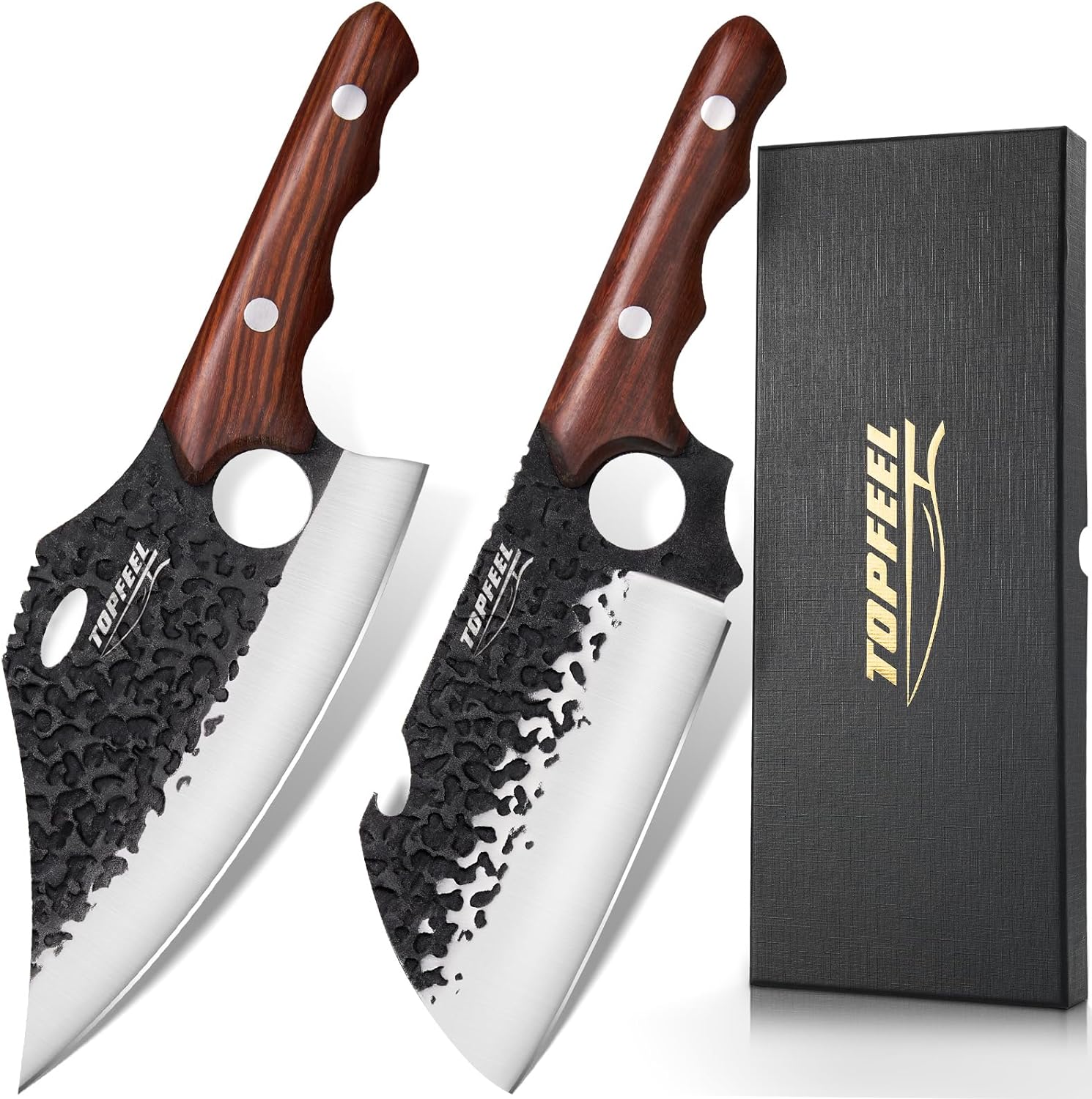 These knives are murderously sharp right out of the box. Sliced through a Turkey leg with zero pressure. They feel weighty and solid, and they look great.