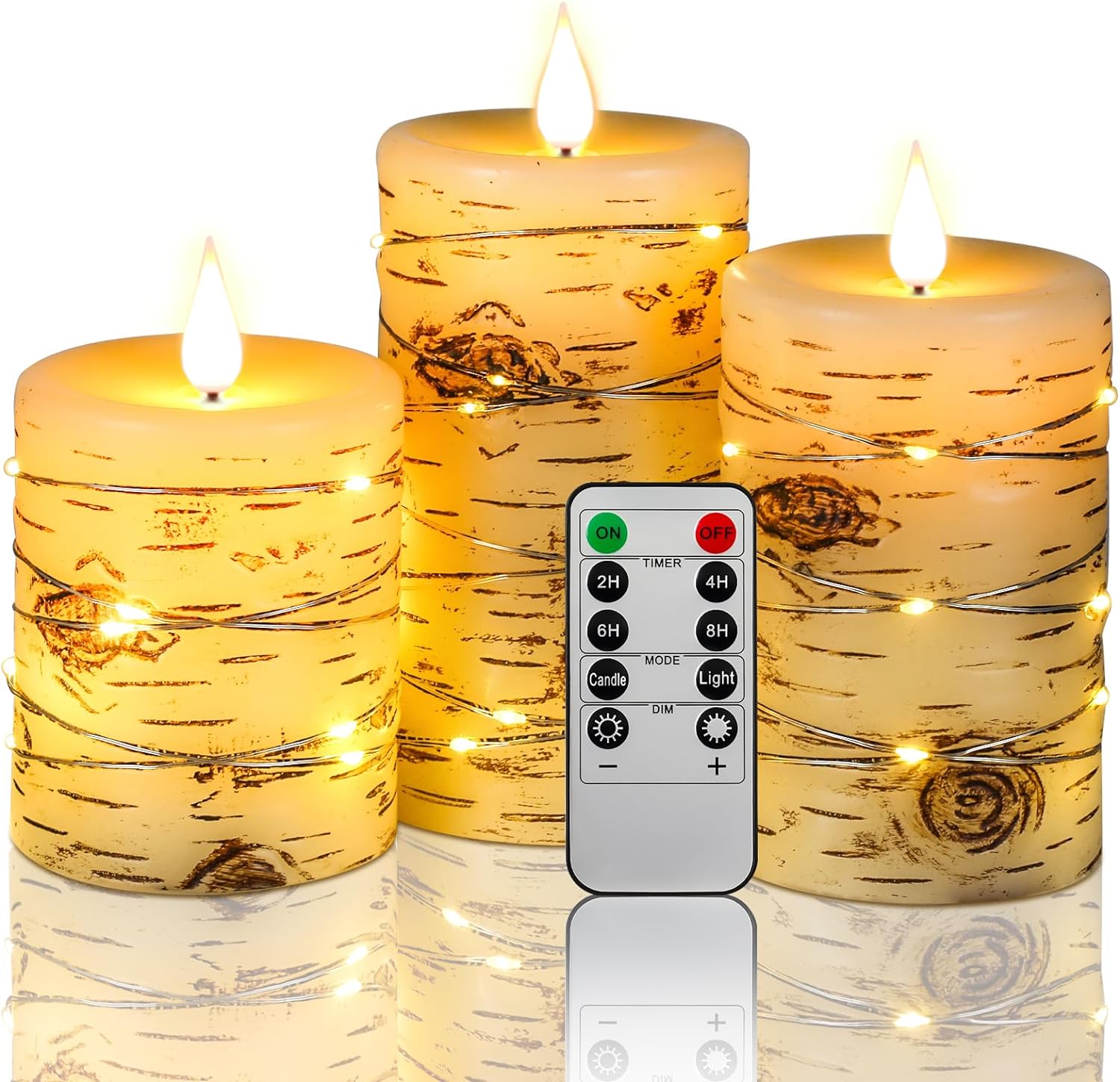 Flameless Candle LED Candles Hand Painted Birch Bark Effect Recessed Light String Candle Set of 3(H4,5,6) Ivory Real Wax Pillar Battery Operated Candles with Dancing LED Flame 10-Key Remote Control