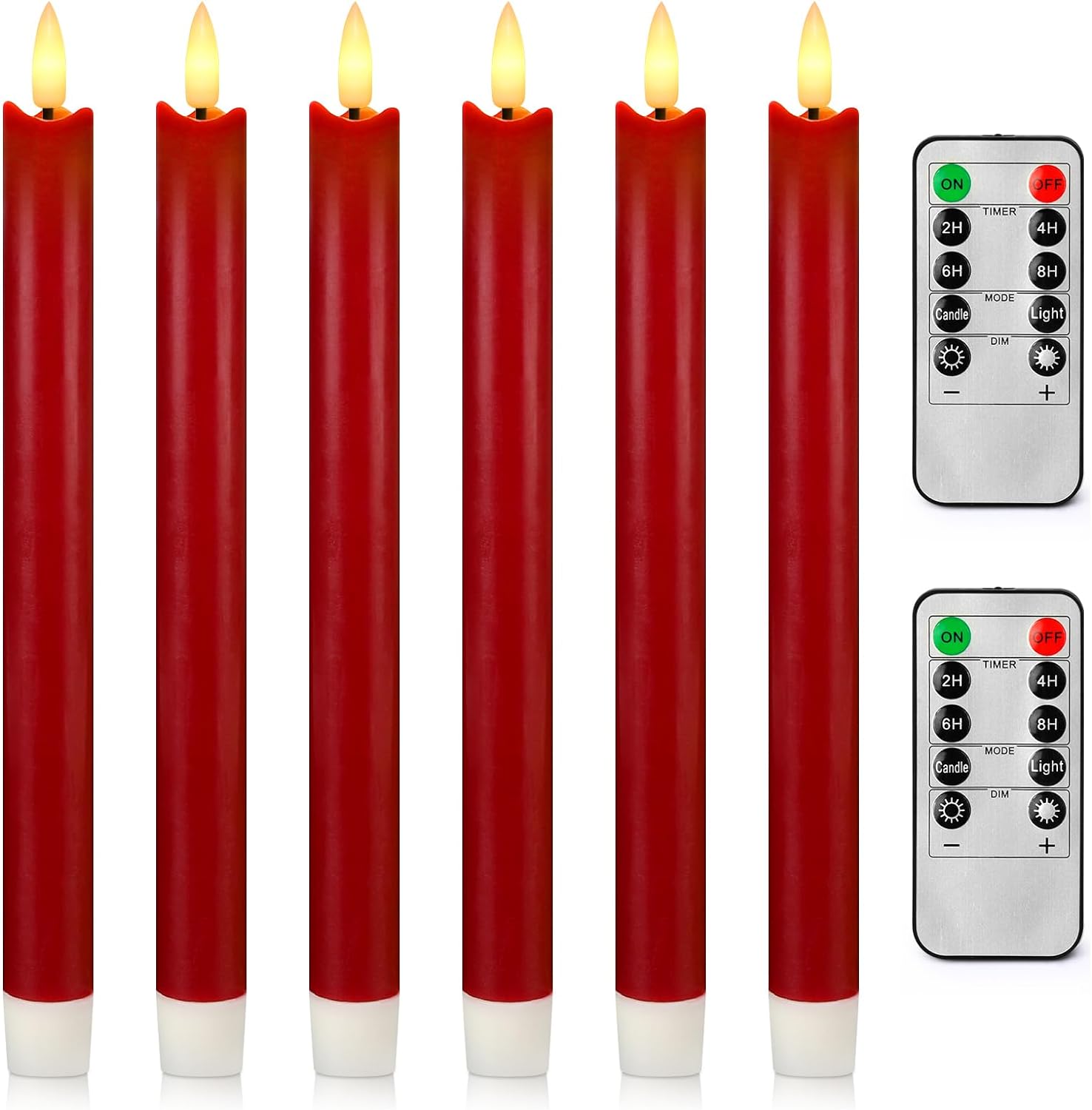 Enpornk 6 Pack Flameless Flickering Taper Candles with 2 Remote Controls and Timer, Real Wax 3D Wick Light Window Candles Battery Operated, Christmas Home Wedding Decor(Burgundy, 9.6Inch)