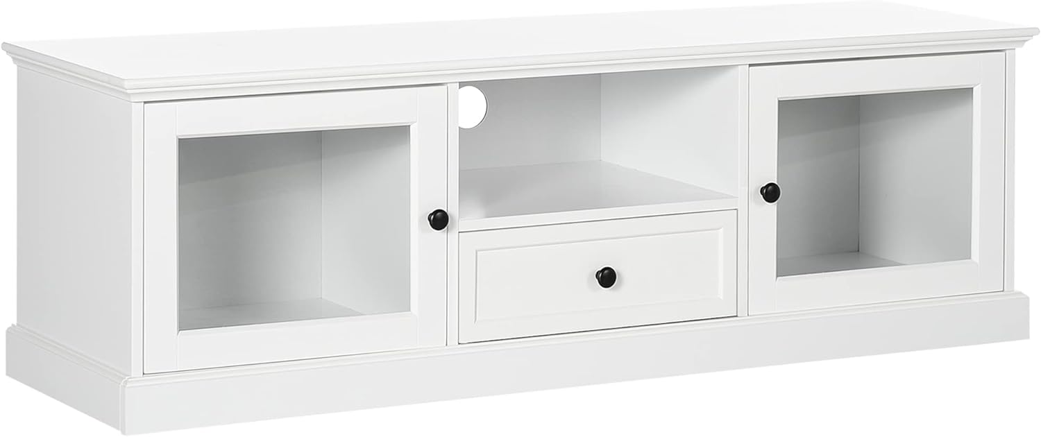 HOMCOM Modern TV Stand Cabinet for TVs up to 60 Inches, Entertainment Center with Drawer and Glass Doors for Living Room, White