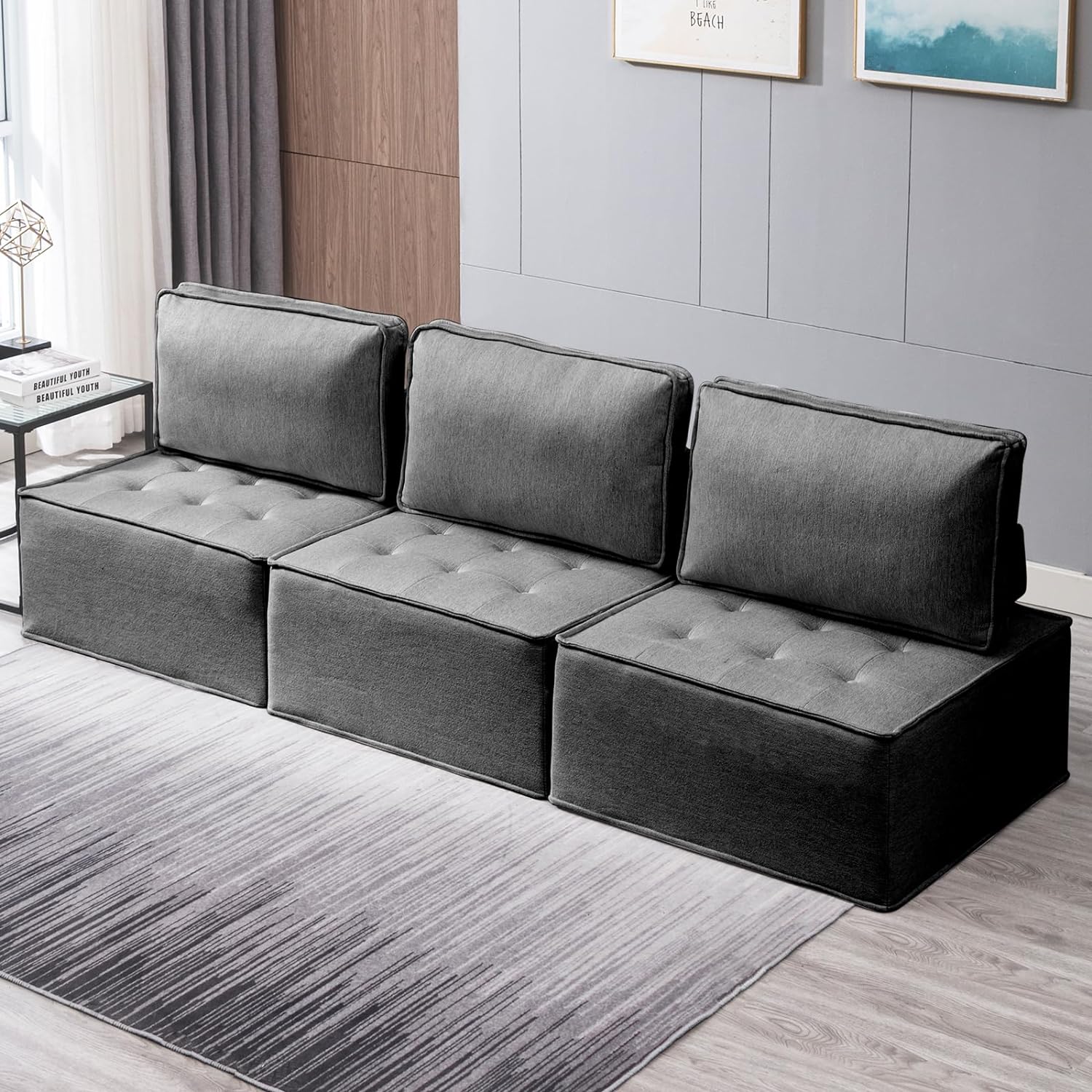 BALUS Modular 3 Seater Sofa Couch, Modern Sectional Sofa Couch, Armless Floor Sofa Couch, Soft Fabric Sofa Bed for Bedroom, Sturdy Room and Living Room, Free Combination, 3 PCS Dark Grey