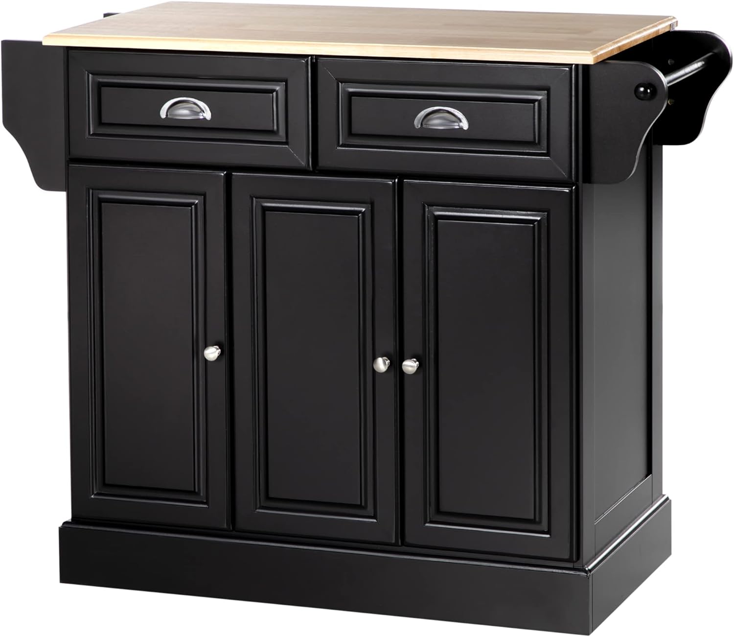 HOMCOM Triple-Cabinet Kitchen Island on Wheels, Kitchen Storage Cabinet with Drawers & Countertop, Rolling Utility Cart with Wood Top, Towel Rack, Spice Stand, Black