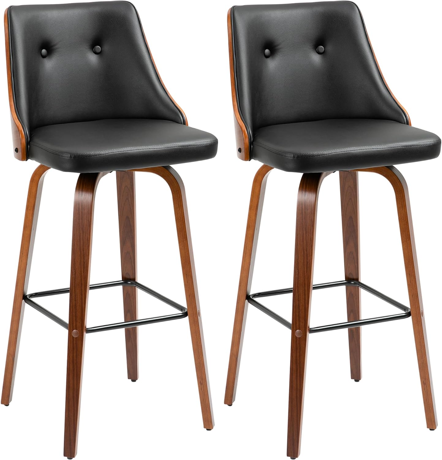 HOMCOM Bar Height Bar Stools, PU Leather Swivel Barstools with Footrest and Tufted Back, Set of 2, Black