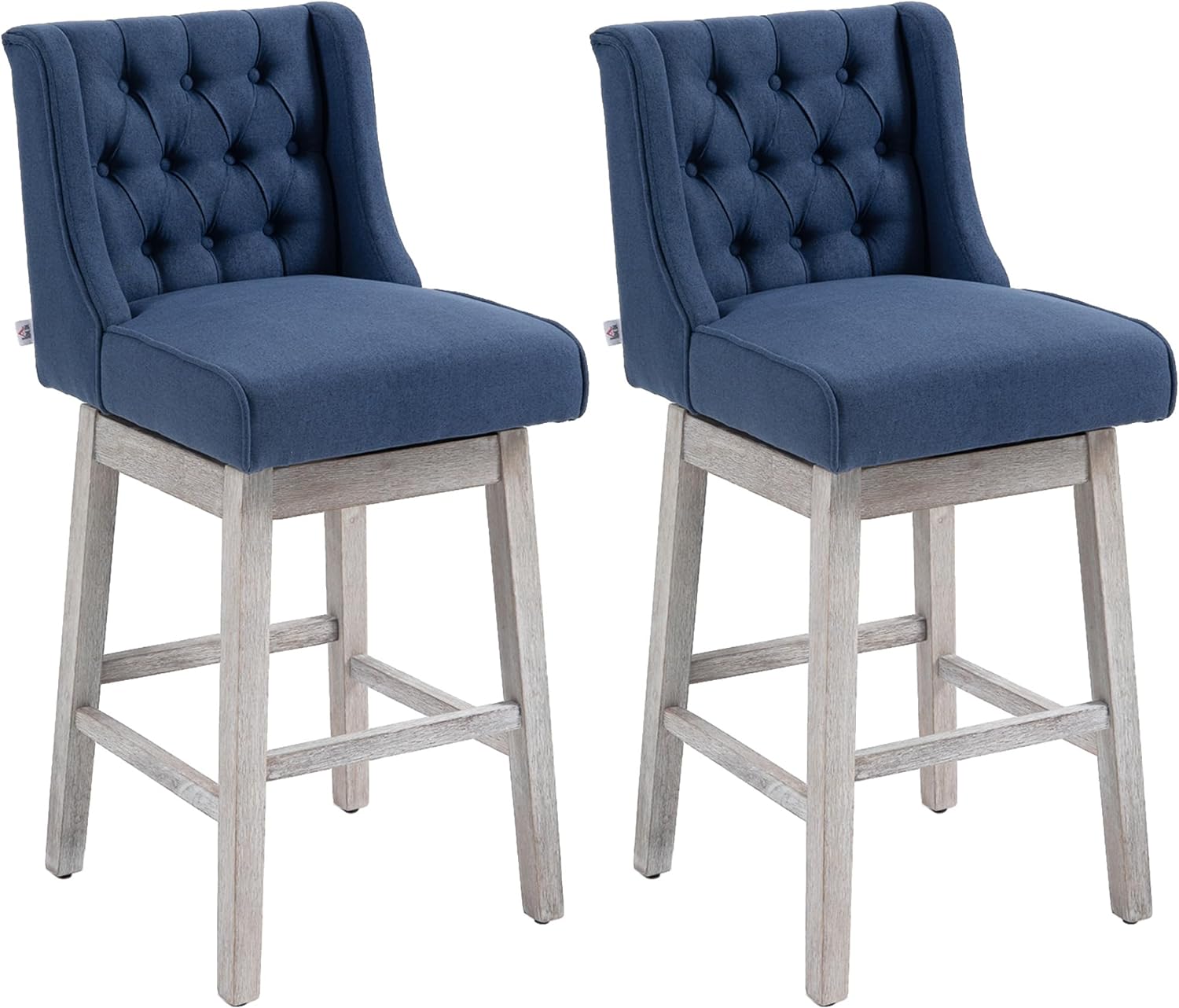 HOMCOM Bar Height Bar Stools Set of 2, 180 Degree Swivel Barstools, 30 Seat Height Bar Chairs with Solid Wood Footrests and Button Tufted Design, Blue