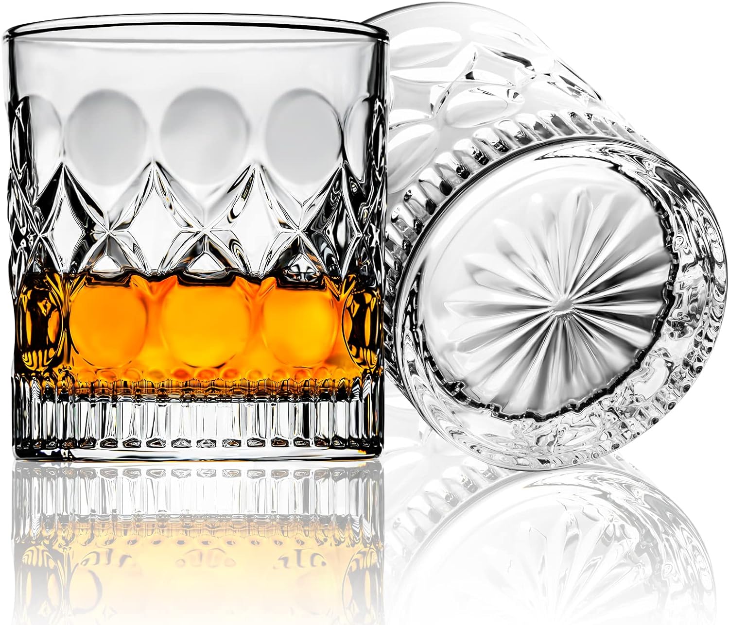 I bought these for my son for Christmas. He is nearly done with college and wanted to start collecting some nice barware. These said that they were pretty indestructible and looked great so I gave them a try. He said he really likes them, but the round whiskey ice cube molds I bought him take up the whole glass. I guess I didn't look at measurements. Overall, really pretty, yet masculine heavy glasses at an affordable price point.