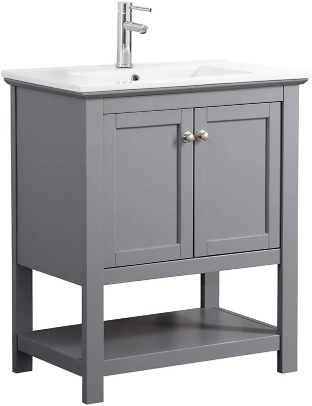 Fresca Manchester 30 Inch Gray Bathroom Open Vanity with Storage Shelf - Countertop & Ceramic Sink with Cabinets - Faucet Not Included