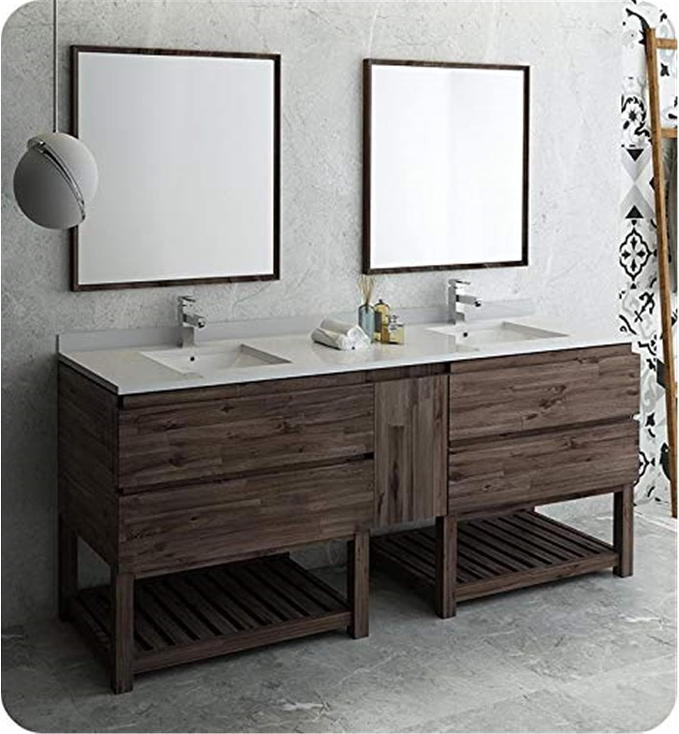 First I have to say that we were hesitant about making such a purchase on Amazon. We were wrong! seller delivered the vanity well packed on a pallet. The quality of the wood is amazing, fit and finish is on point. The mirrors are a perfect match. The faucet and sink are very good quality. We are impressed with this vanity.