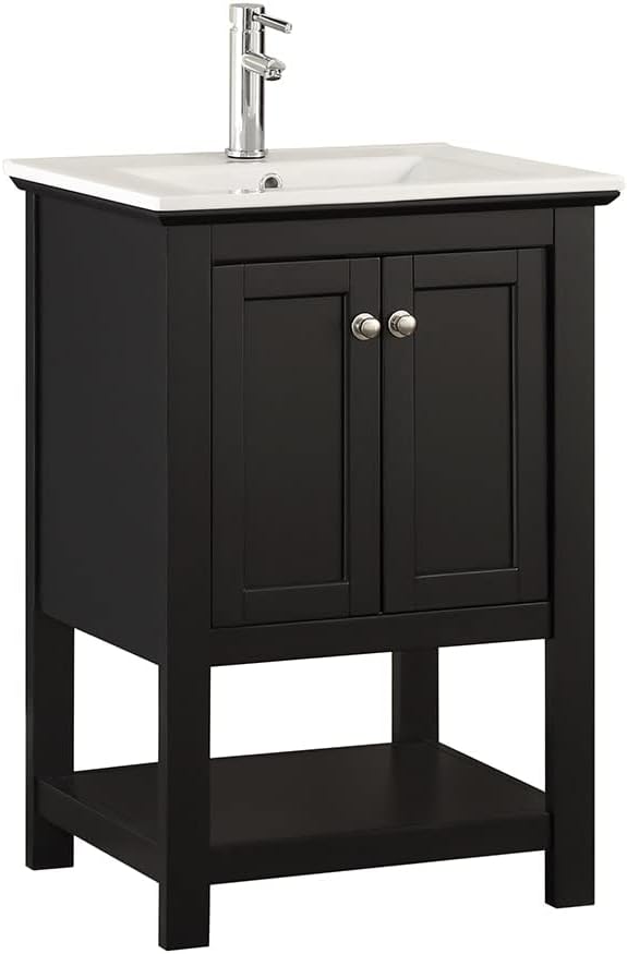 Fresca Manchester 24 Inch Black Bathroom Open Vanity with Storage Shelf - Countertop & Ceramic Sink with Cabinets - Faucet Not Included