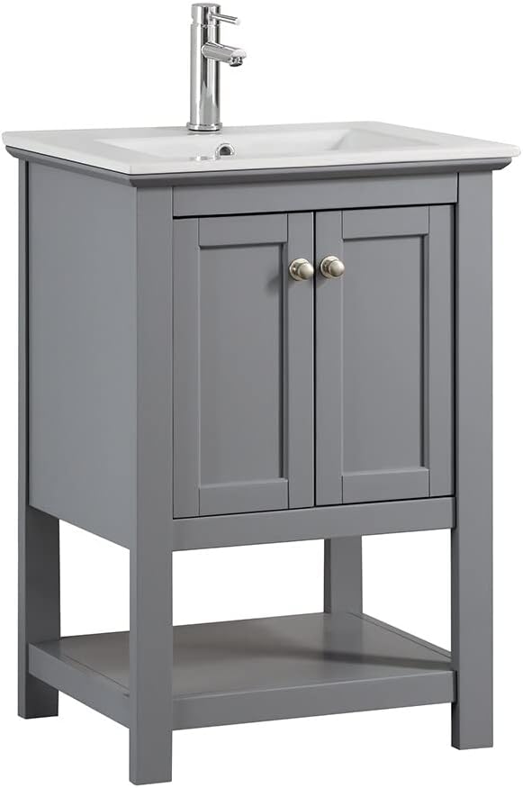 Fresca Manchester 24 Inch Gray Bathroom Open Vanity with Storage Shelf - Countertop & Ceramic Sink with Cabinets - Faucet Not Included
