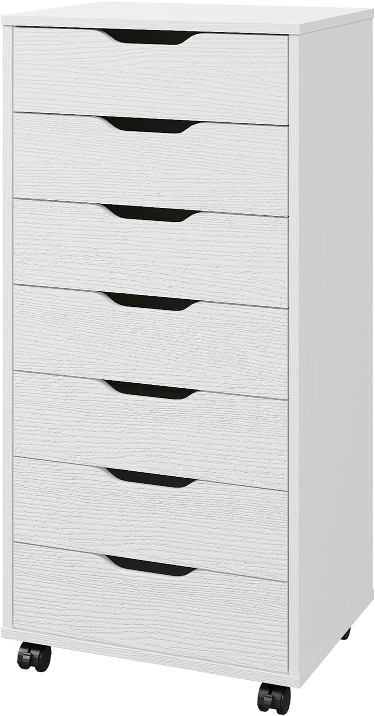 Panana 5/7 Drawer Chest, Wooden Tall Dresser Storage Dresser Cabinet with Wheels, Office Organization and Storage, Bedroom Furniture (White, 7 Drawer)