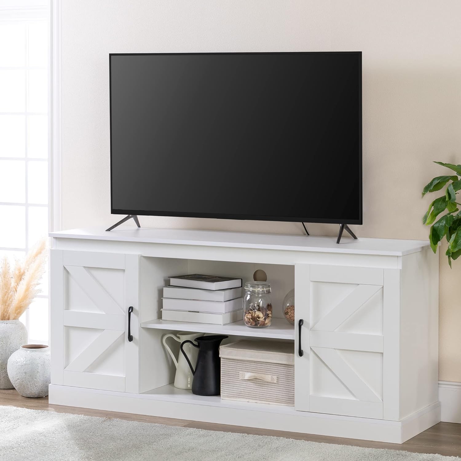 ZINUS Wade TV Stand for TVs up to 65 / Farmhouse Entertainment Center with Barn Doors / TV Stand with Storage / Living Room or Bedroom Furniture, White