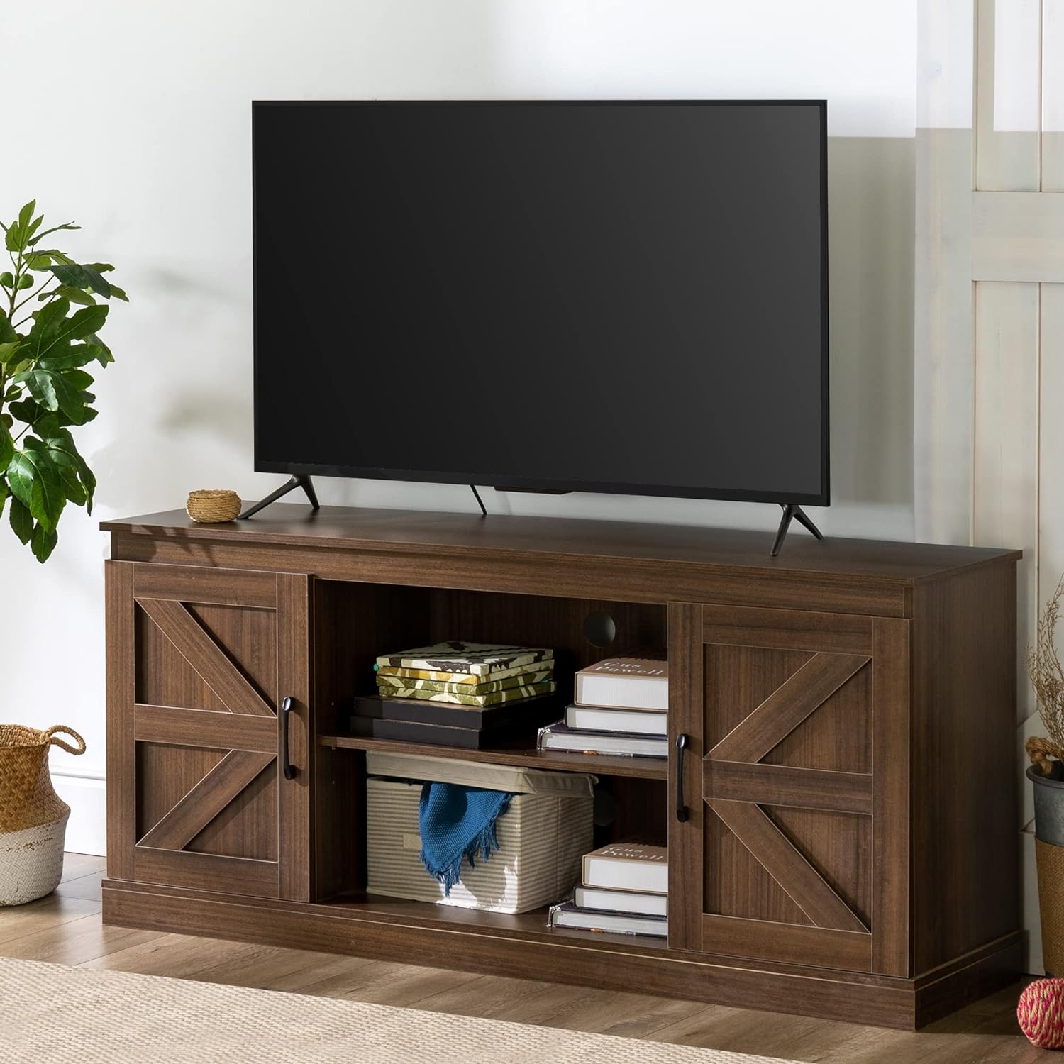 ZINUS Wade TV Stand for TVs up to 65, Farmhouse Entertainment Center with Barn Doors, TV Stand with Storage, Living Room or Bedroom Furniture, Brown