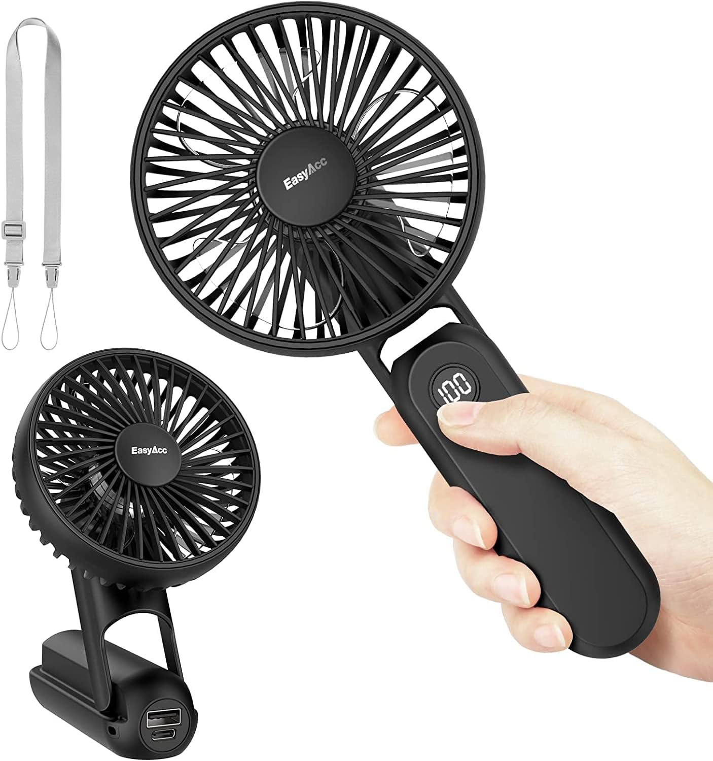 EasyAcc Portable HandHeld Fan, 5000mAh 32H Rechargable Personal Fan, 5 Speed Powerful & Ultra Quiet USB C Small Desk Fan, 180 Foldable Cooling Fan&PowerBank for Office Home Travel