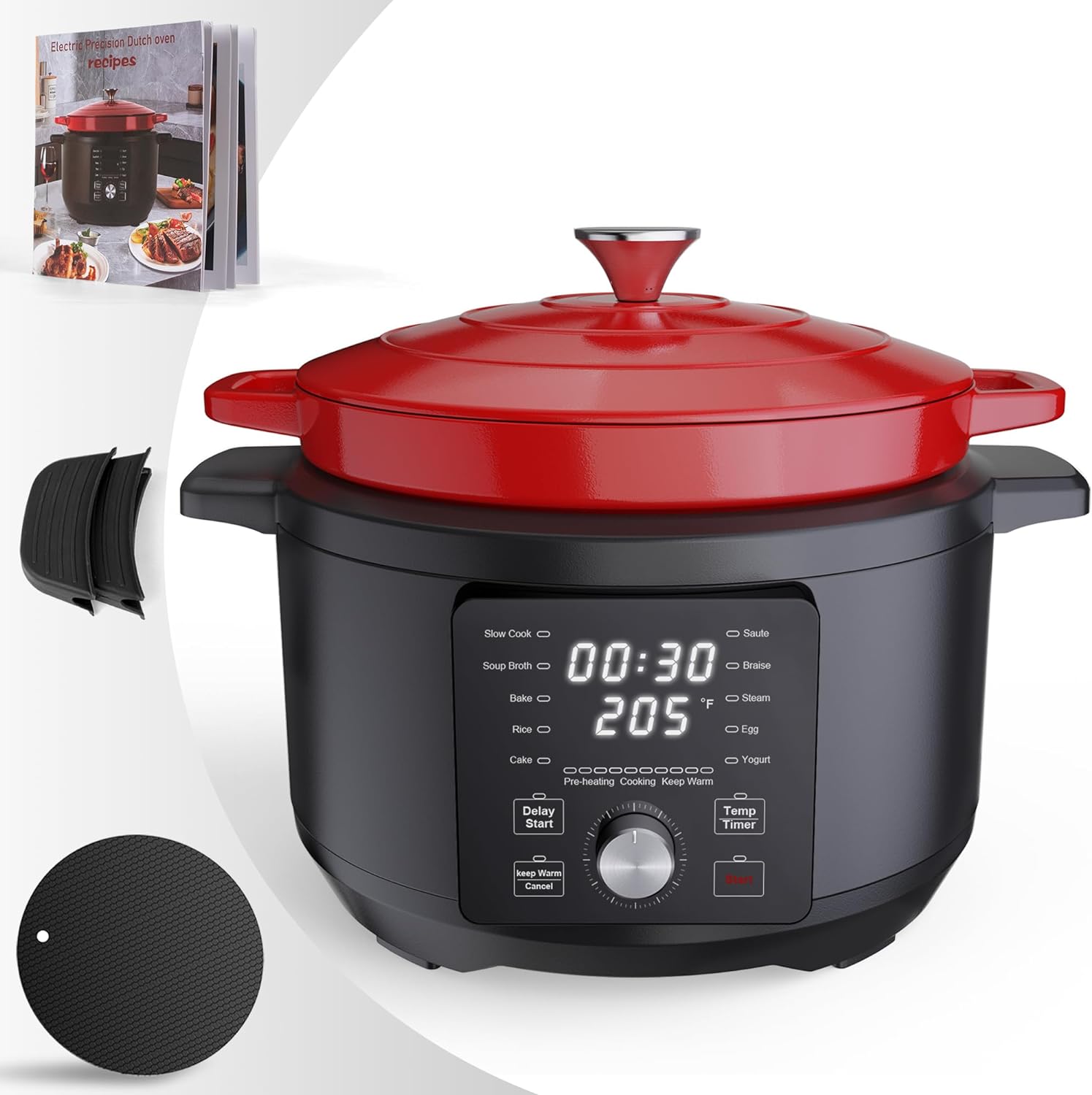 6-Quart Enameled Cast Iron Dutch Oven, 1500W Large Electric Cooking Pot, 10-in-1 - Slow Cook, Saute, Soup Broth, Braise, Bake, Steam, Rice, Egg, Cake, Yogurt (Cookbook Included) - Red