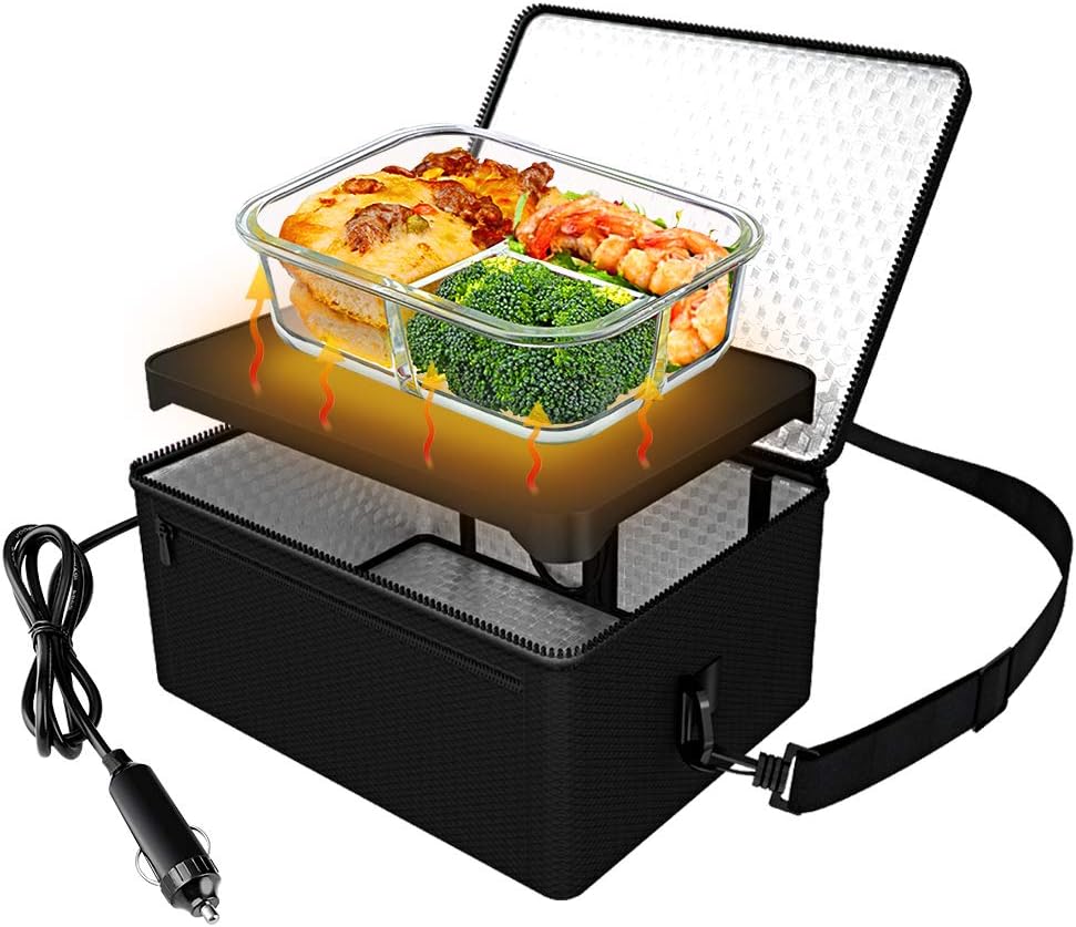 Portable Oven, 12V Car Food Warmer Portable Personal Mini Oven Electric Heated Lunch Box for Meals Reheating & Raw Food Cooking for Road Trip/Camping/Picnic/Family Gathering(Black)