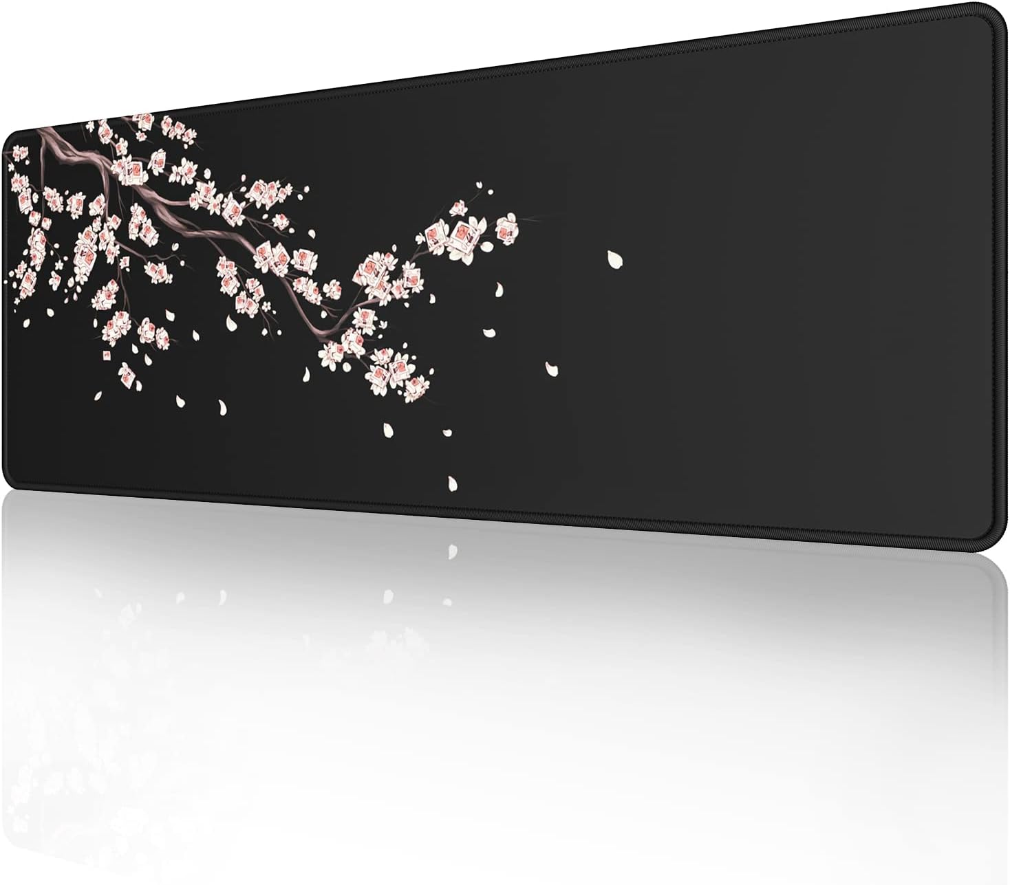 Japanese Plum Blossoms Black Mouse Pad (31.5  11.8  0.12 inch) Extended Large Mouse Mat Desk Pad, Stitched Edges Mousepad,Non-Slip Rubber Base,Gaming Mouse Pad XL.