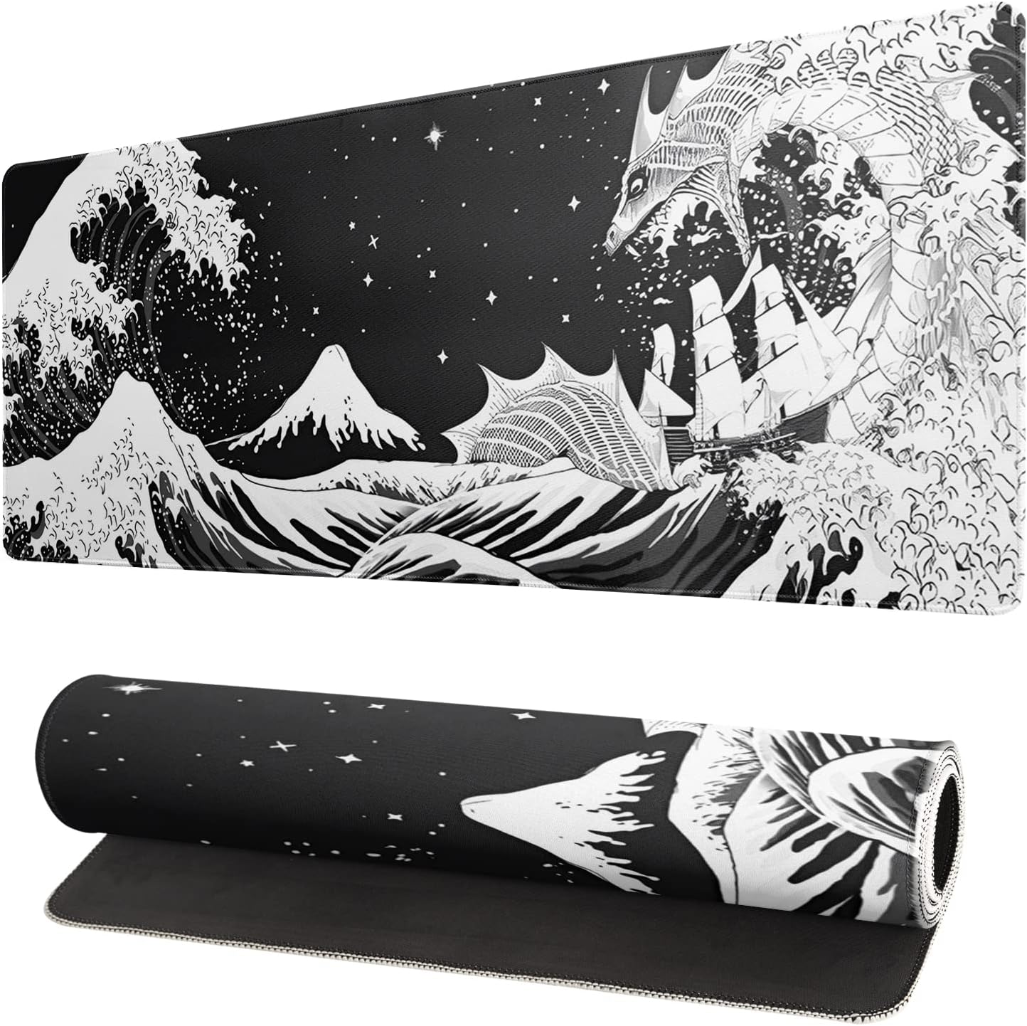 Black and White Japanese Wave Dragon Gaming Mouse Pad - Abstract Mat with Non-Slip Rubber Base, 31.5x11.8 Inch, Stitched Edges - Desk Pad for Office and Home