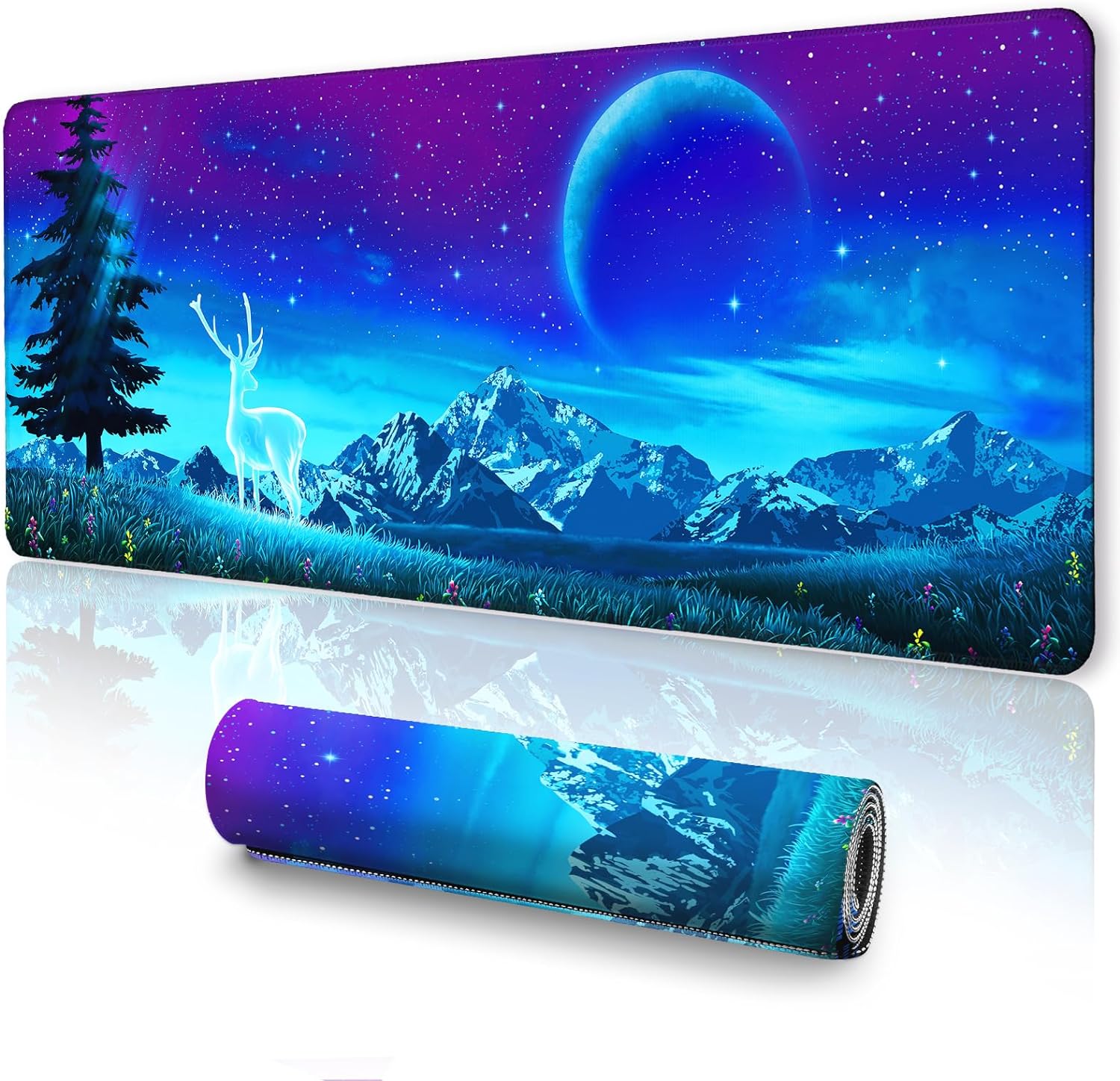 Gaming Mouse Pad, Large Mouse Pad, Keyboard and Mouse Pad, XL Mousepad, 31.5 x 11.8, Non-Slip Base Stitched Edge for Home Office Gaming Work, Galaxy Print Forest Moon Deer