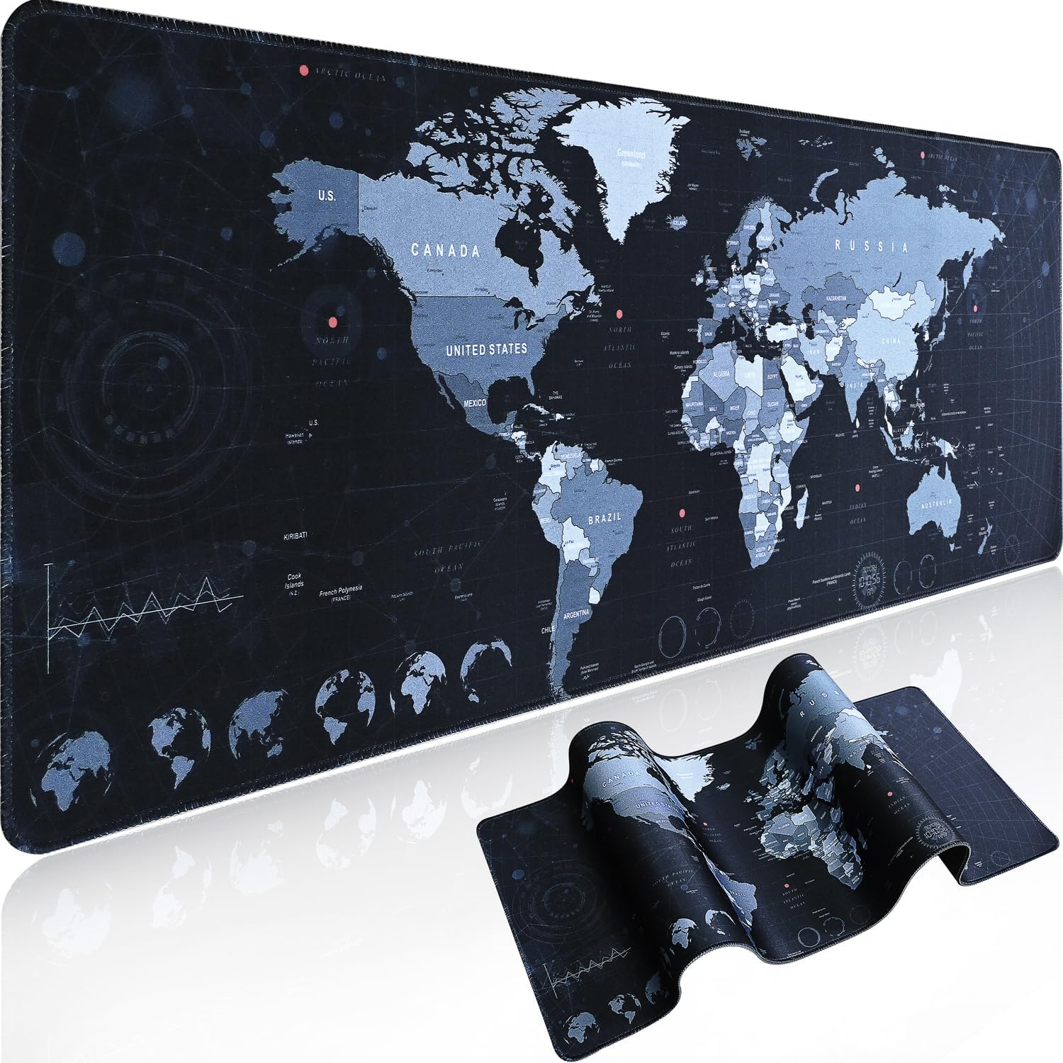 Gaming Mouse Pad with World Map(31.5 x 11.8in), Desk Mat&Large Mouse Pad Keyboard Mat 3MM Anti Slip and Waterproof Rubber Mouse Pad(Black)