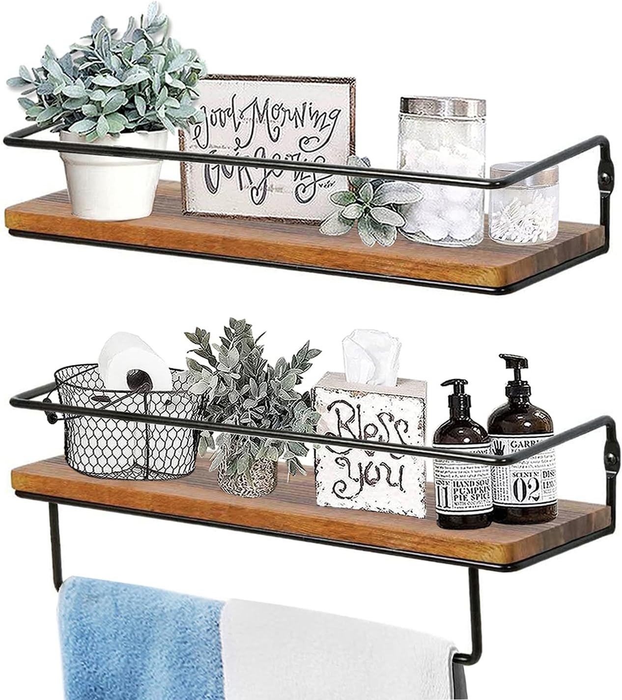 These were so easy to install and have provided much needed space to put things so they're not sitting on the counter. I love the small towel rack on the bottom of the shelf as it' a great place to put a hand towel to dry hands after washing.