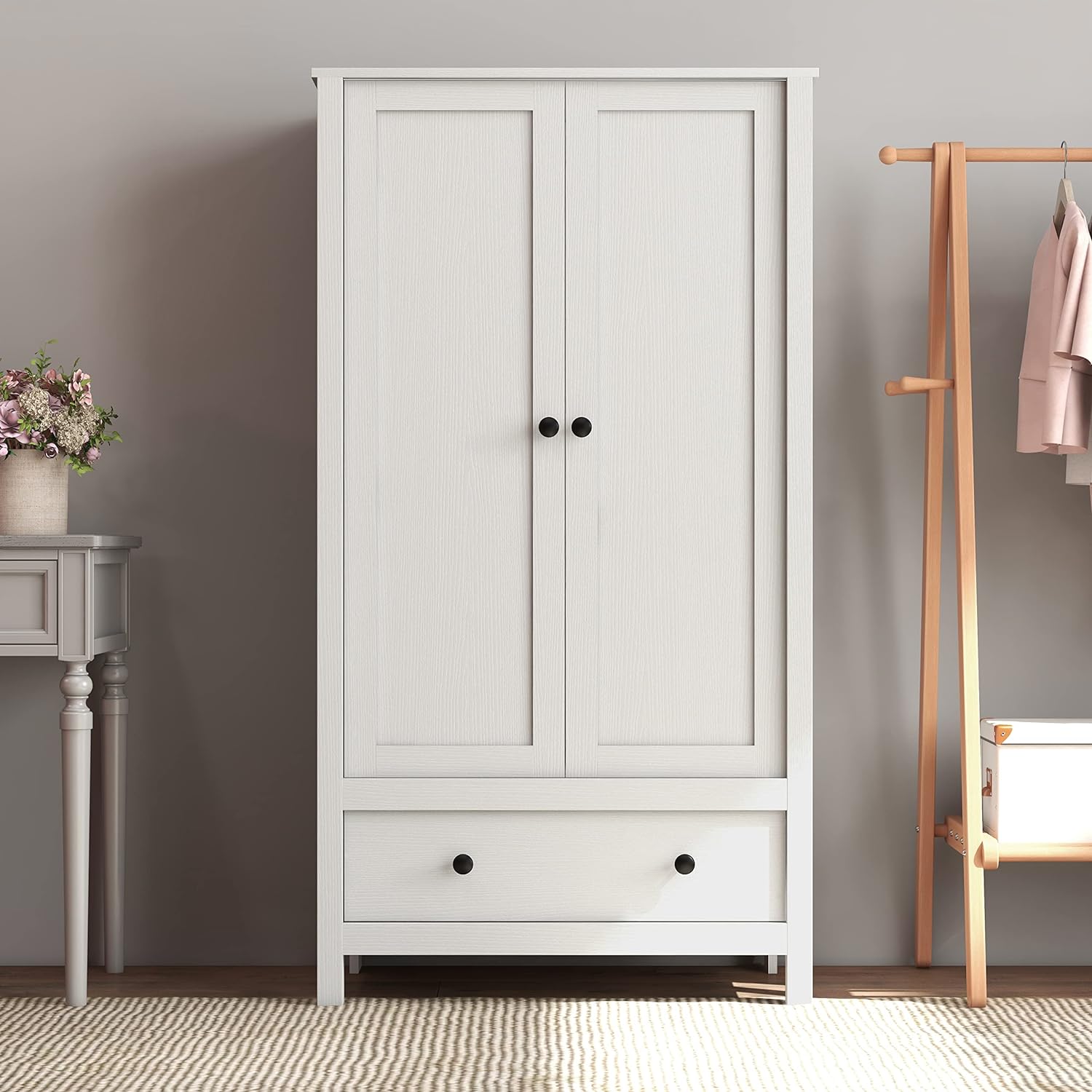 I ordered the Wardrobe for our guest room. It is just the right size - it fits into the corner of the room. It was easy to assemble. It is not heavy in weight, but it is sturdy and the quality is better than expected! A great buy for us.