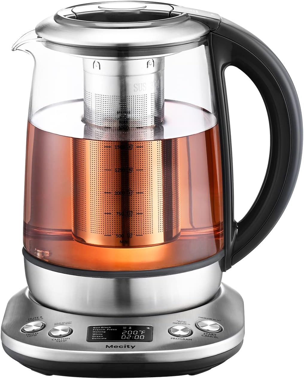 Mecity Electric Glass Tea Maker With Temperature Control and Infuser - LCD Display and Preset Brewing Programs - 1.7L Water Boiler