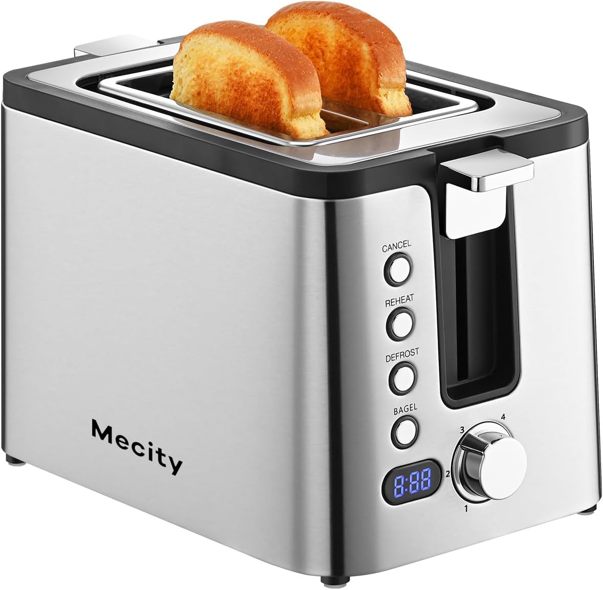 Mecity Toaster 2 Slice Stainless Steel Toaster Countdown Timer, Bagel/Defrost/Reheat/Cancel Functions,Warming Rack, Removable Tray, 6 Browning Settings, Extra Wide Slots, Bread Toaster, 800W