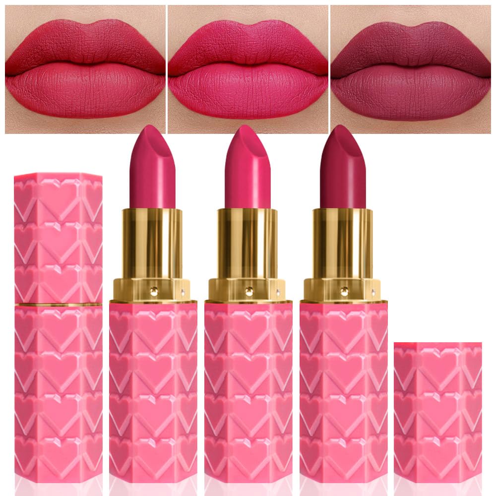 evpct 3Pcs Plum Purple Rose Red Mauve Matte Lipstick Pack Sets for Women Silky Velvet Lipstick Matte Long Lasting Smudge Proof Lipstick Lip Stain Makeup Set Kit matte lipstick 24 hours original 04