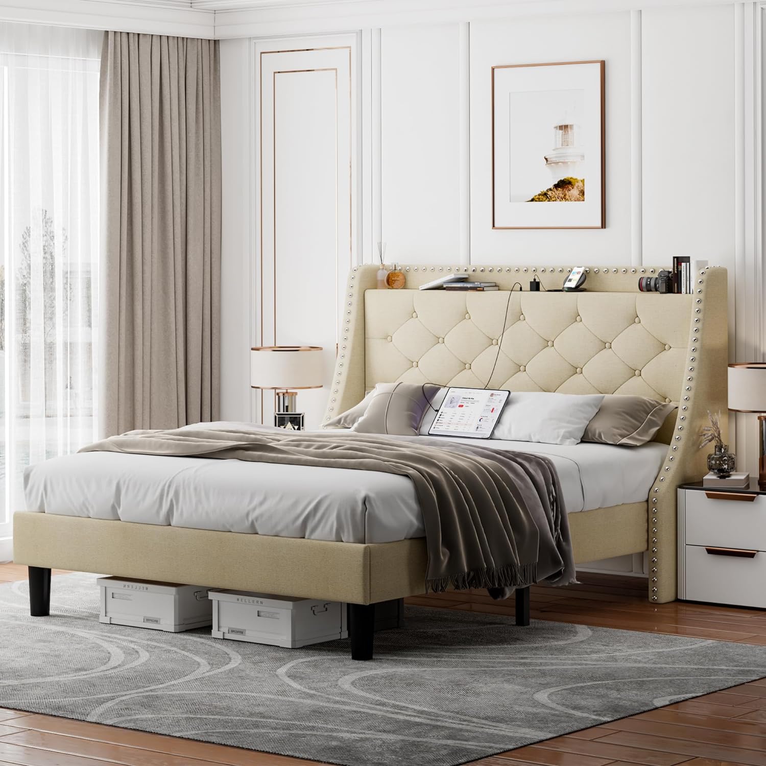 This bed arrived in one box to be assembled. The instructions are simply pictures without words and they're very simple to follow. I'm a 62 year old female and put the bed together in about an hour. The bed looks great in my room and feels solid. My hybrid queen 12