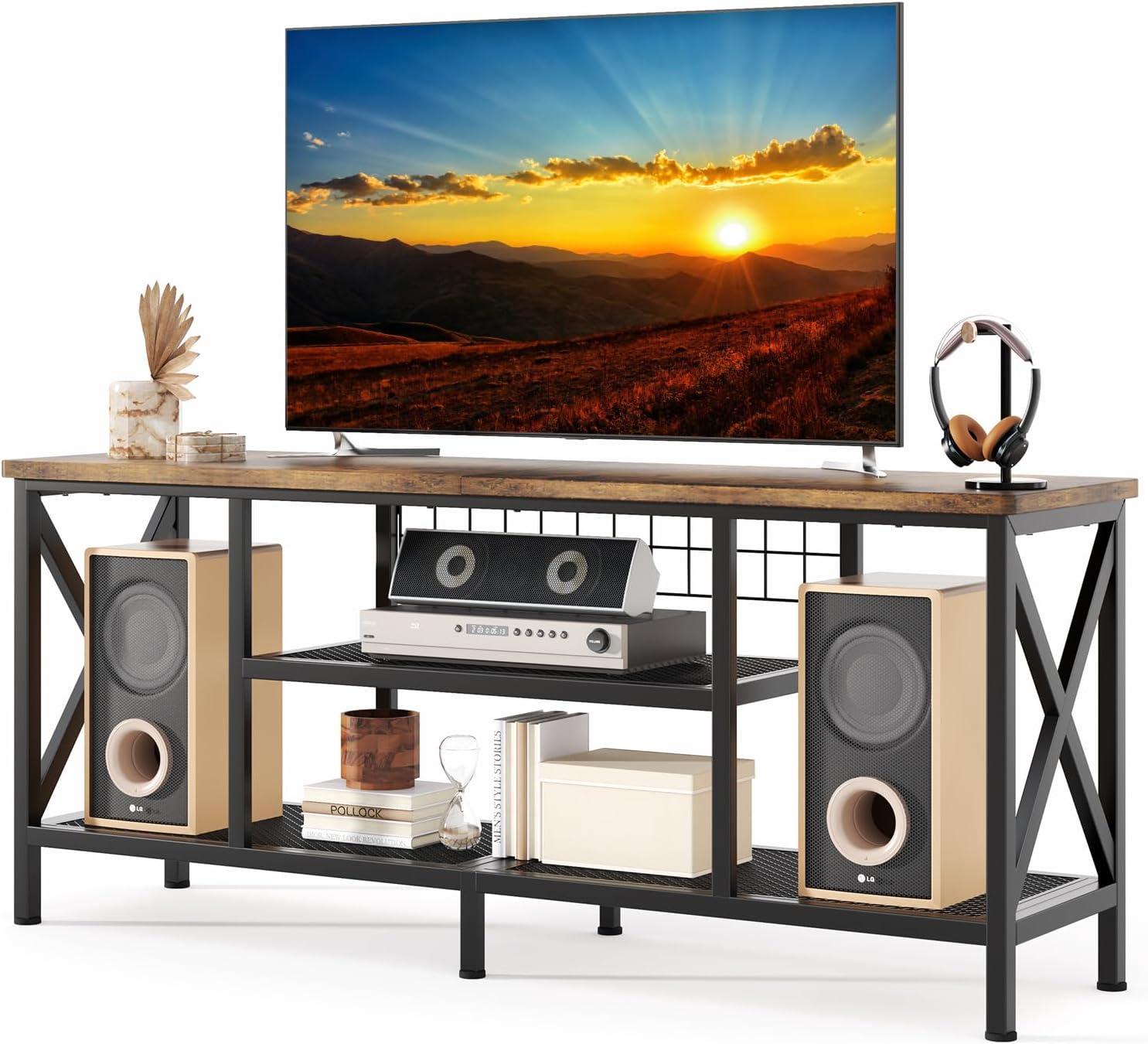 I looked for sometime before finally settling on this TV stand our LG 65 fits awesome and it is so sturdy with no sagging. Also was easy to put together