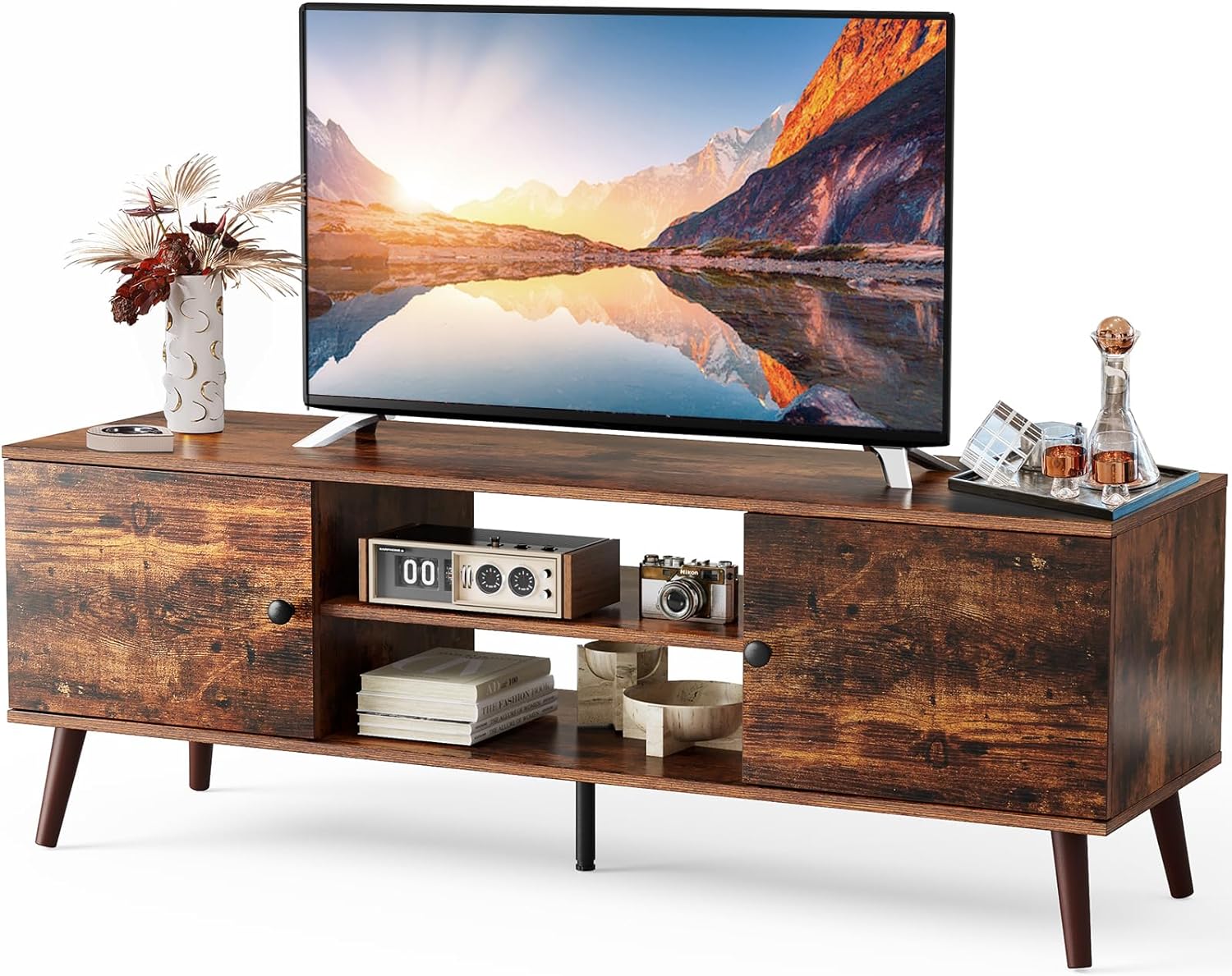 The set up was kind of easy with 2 people. Once assembled, the TV stand looked good. It seems to be sturdy for a 36 inch tv. I like the drawers for storage. It works well in a guest bedroom. I think this is a good value for the quality and price.