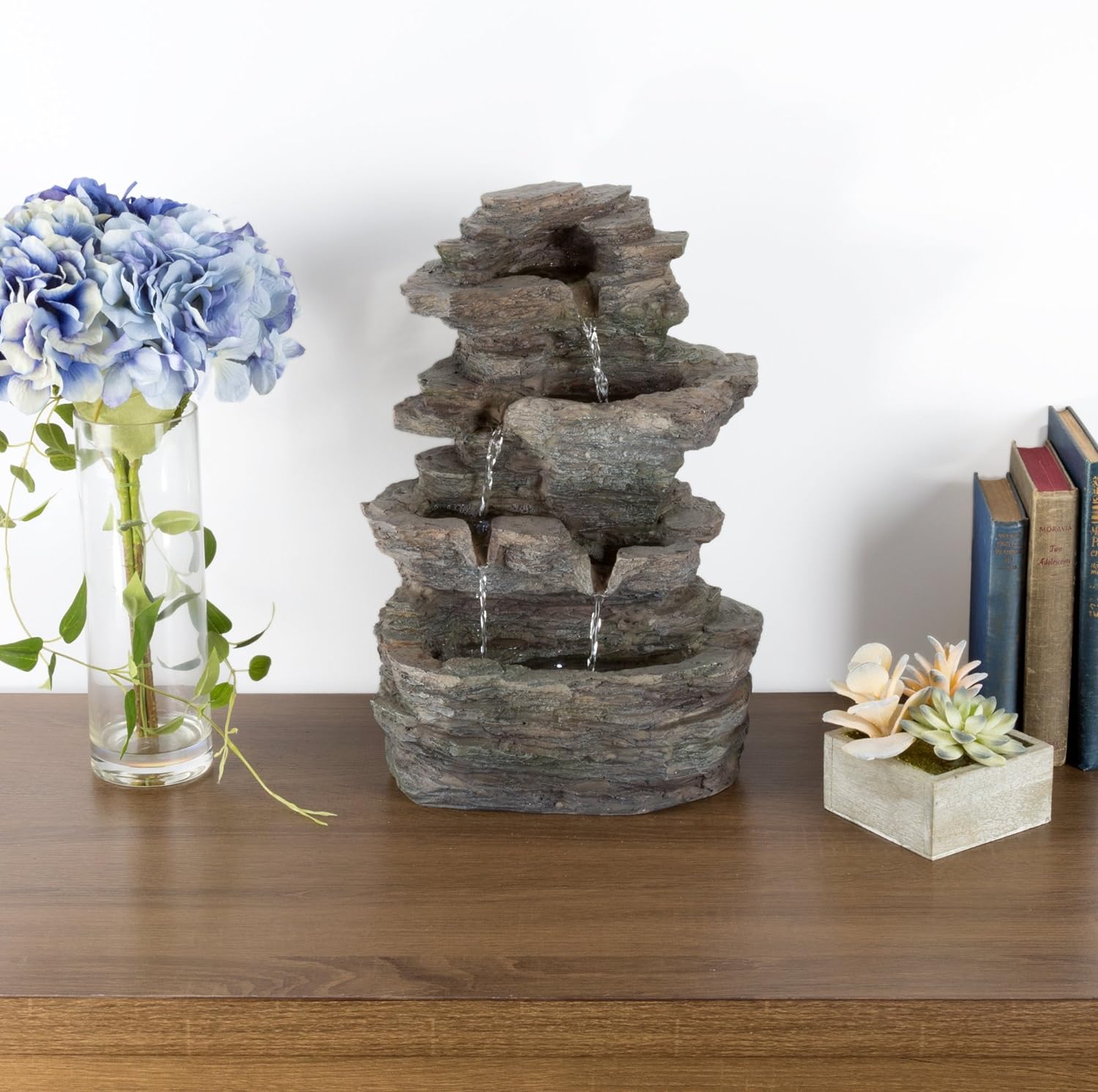 Tabletop Water Fountain with Cascading Rock Waterfall and LED Lights - Tiered Stone Table Fountain By Pure Garden (Office Patio and Home Dcor) Gray