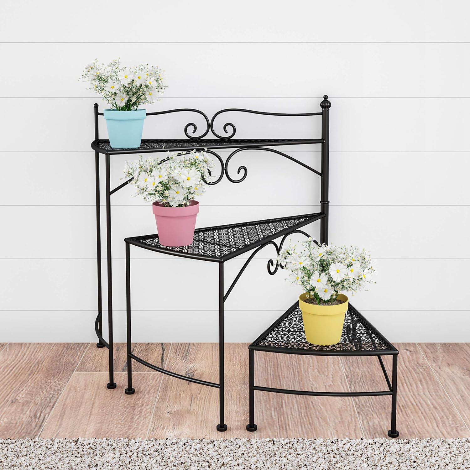 Pure Garden Plant Stand  3-Tier Indoor or Outdoor Folding Spiral Stairs Wrought Iron Metal Home and Garden Display with Staggered Shelves (Black)