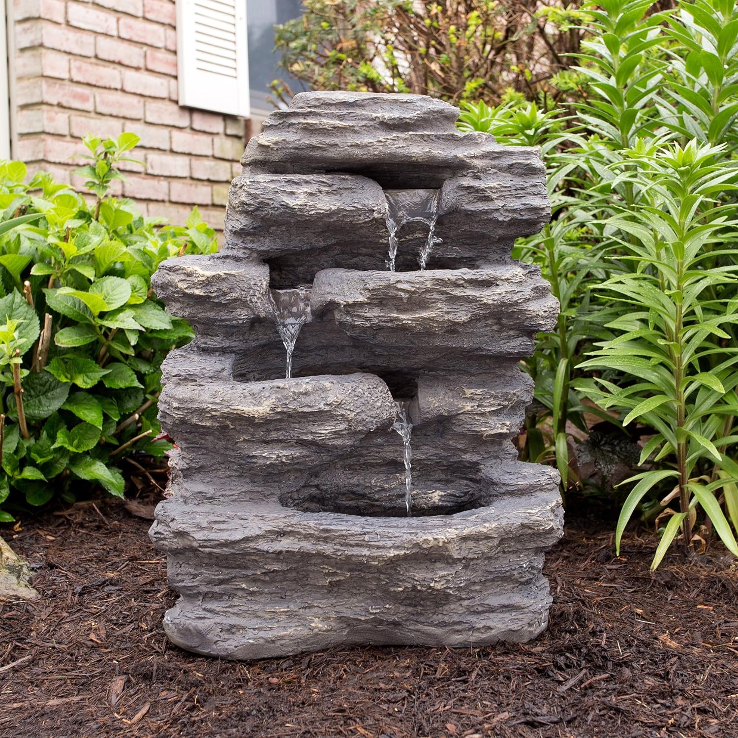 Outdoor Water Fountain With Cascading Waterfall, Natural Looking Stone and Soothing Sound for Decor on Lawn, Garden, and Patio By Pure Garden,Brown