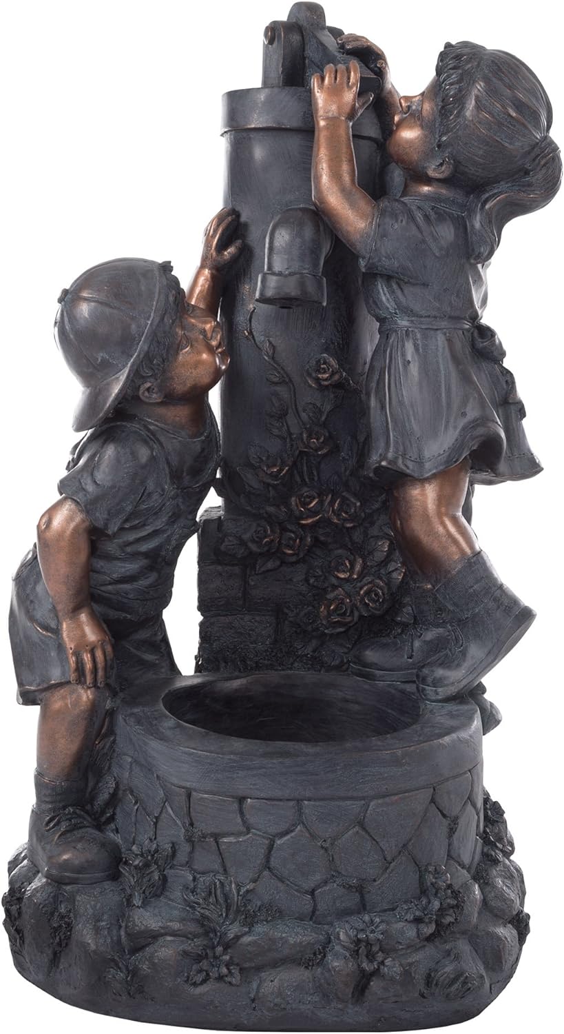 Outdoor Water Fountain With Boy and Girl, Antique Bronze Design and Soothing Sound for Decor on Patio, Lawn and Garden By Pure Garden