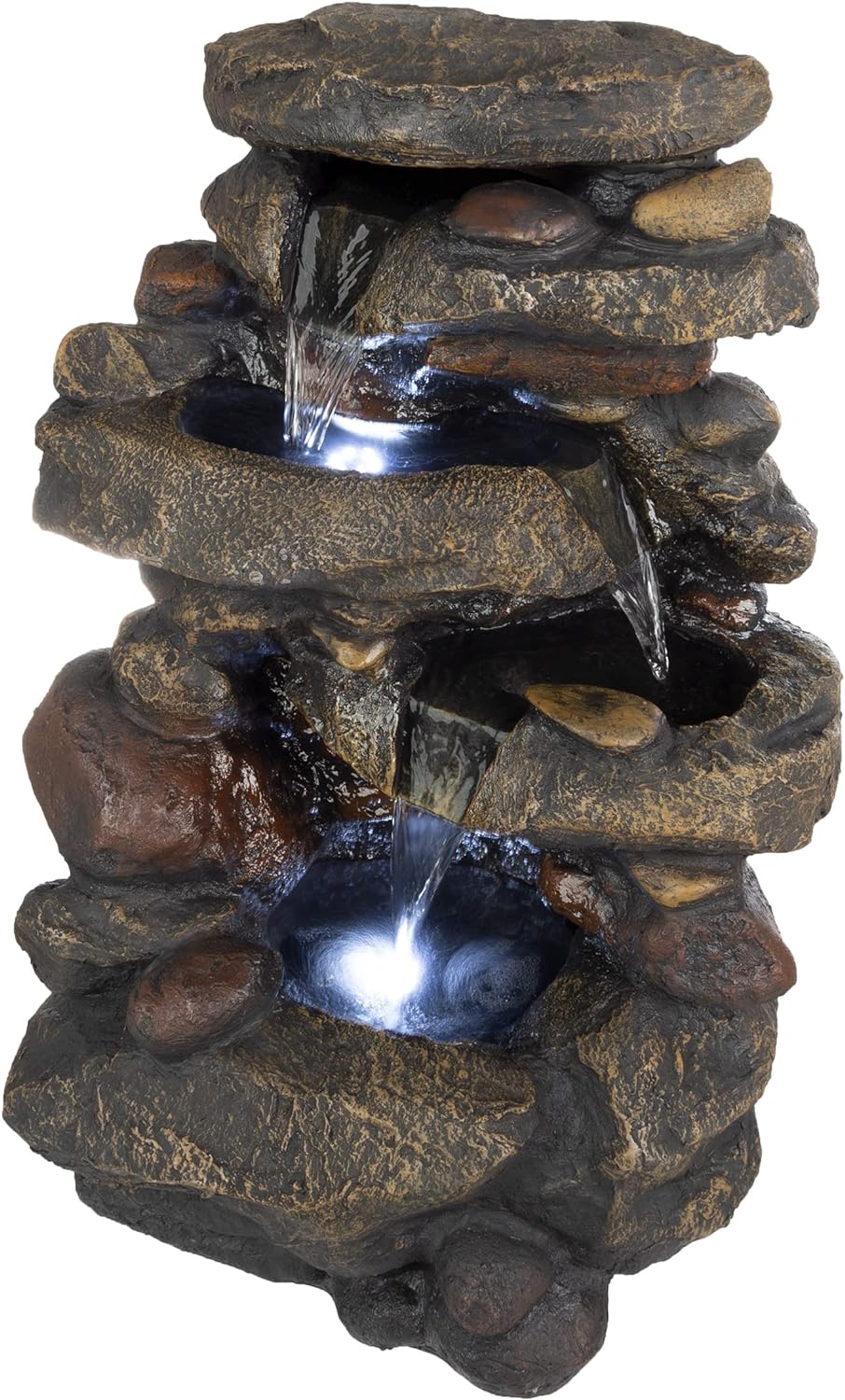 Outdoor Water Fountain With LED Lights, Lighted Cascade Waterfall, Natural Looking Stone and Soothing Sound for Patio and Garden Dcor By Pure Garden Brown 19.4x15