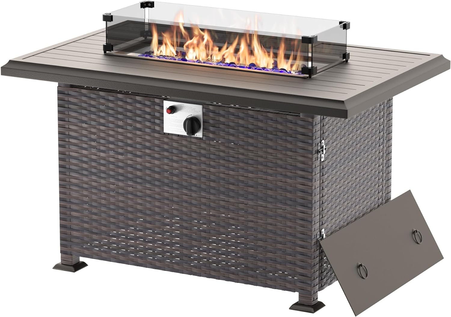 Kullavik 43 Propane Gas Fire Pit Table 55,000 BTU Auto-Ignition Wicker CSA Certified Outdoor Fire Pits with Grey Glass Wind Guard,Fire Glass,Lid,Waterproof Table Cover