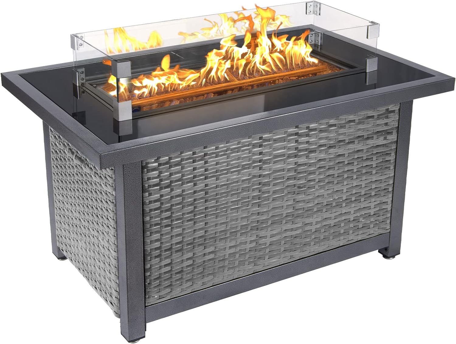 44inch Outdoor Propane Fire Pit Table, 50000 BTU Auto-Ignition Wicker Rattan Patio Gas Fire Pit with Wind Guard, Tempered Glass Tabletop and Glass Beads, ETL Certification, Grey