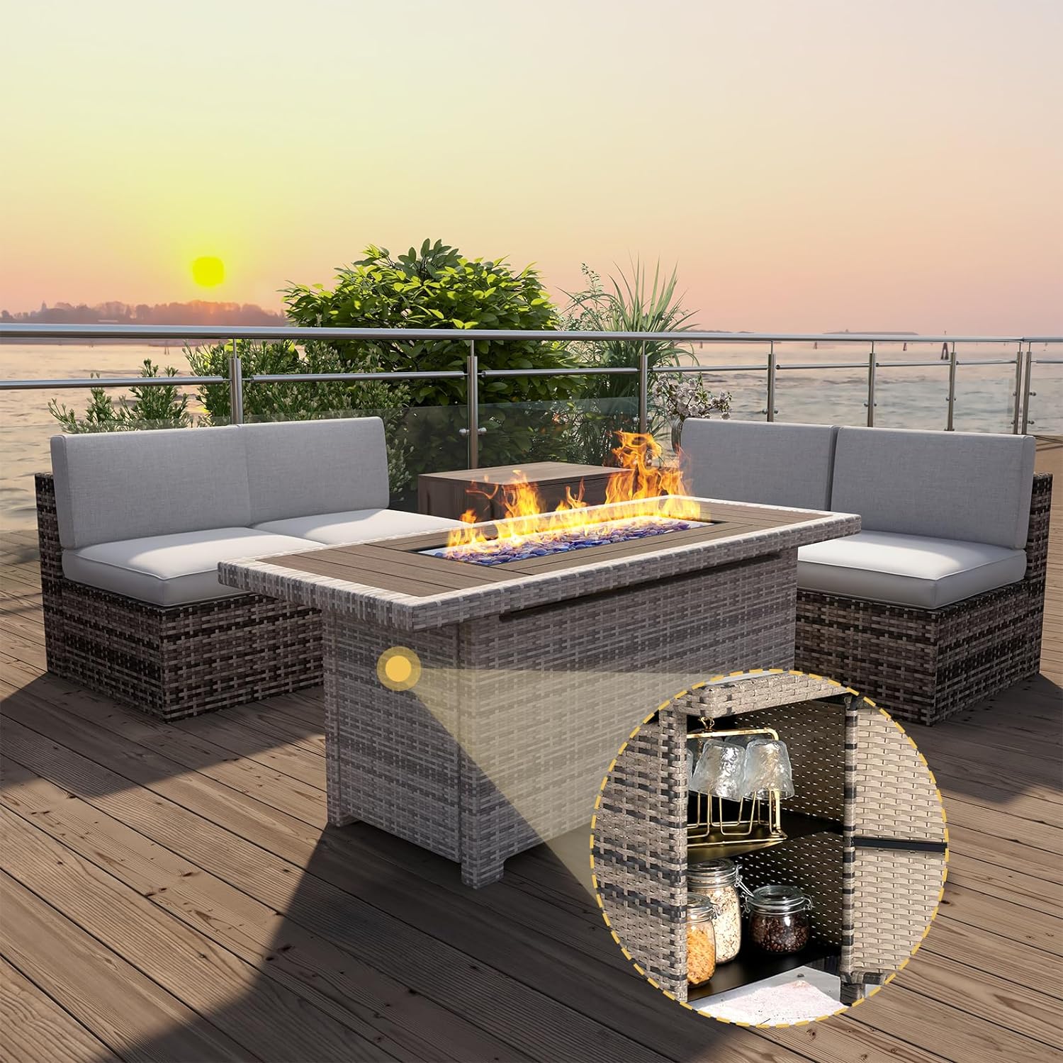 Aoxun Propane Fire Pit Table with Storage, 40 in CSA Propane Fire Table Rectangular, Auto Ignition Gas Fire Pit for Outside Patio Deck, Oxford Cover, Grey Wicker