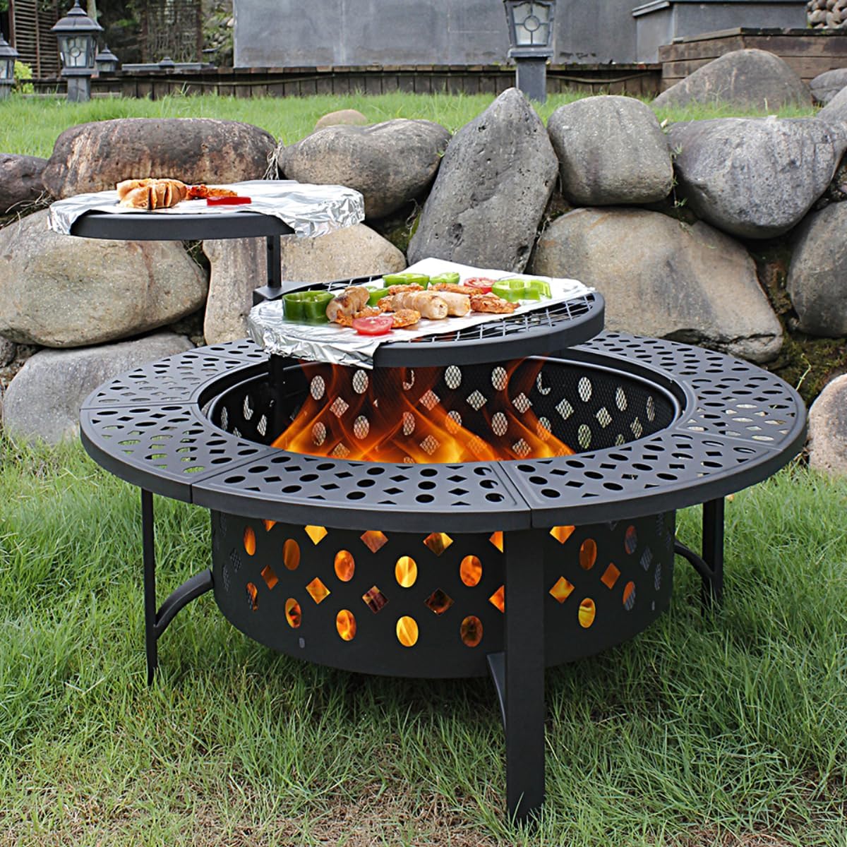 42 Inch Fire Pit with 2 Grills, Extra Large Wood Burning Fire Pits for Outside with Lid & Poker, Heavy Duty Firepit,BBQ& Outdoor Fire Pit & Round Metal Table 3 in 1 for Patio, Picnic, Party